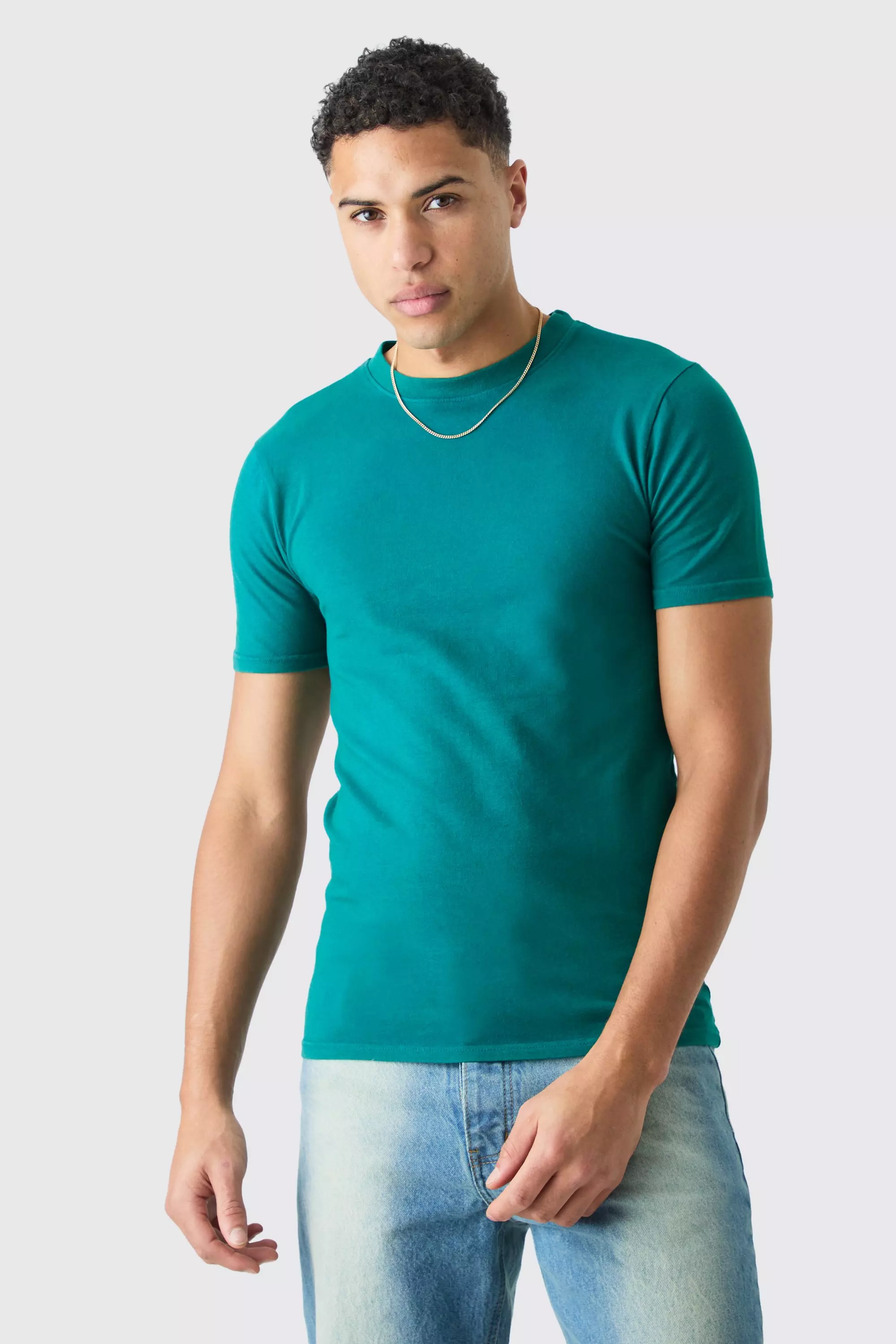 Teal Green Muscle Fit Acid Wash Crew Neck T-shirt