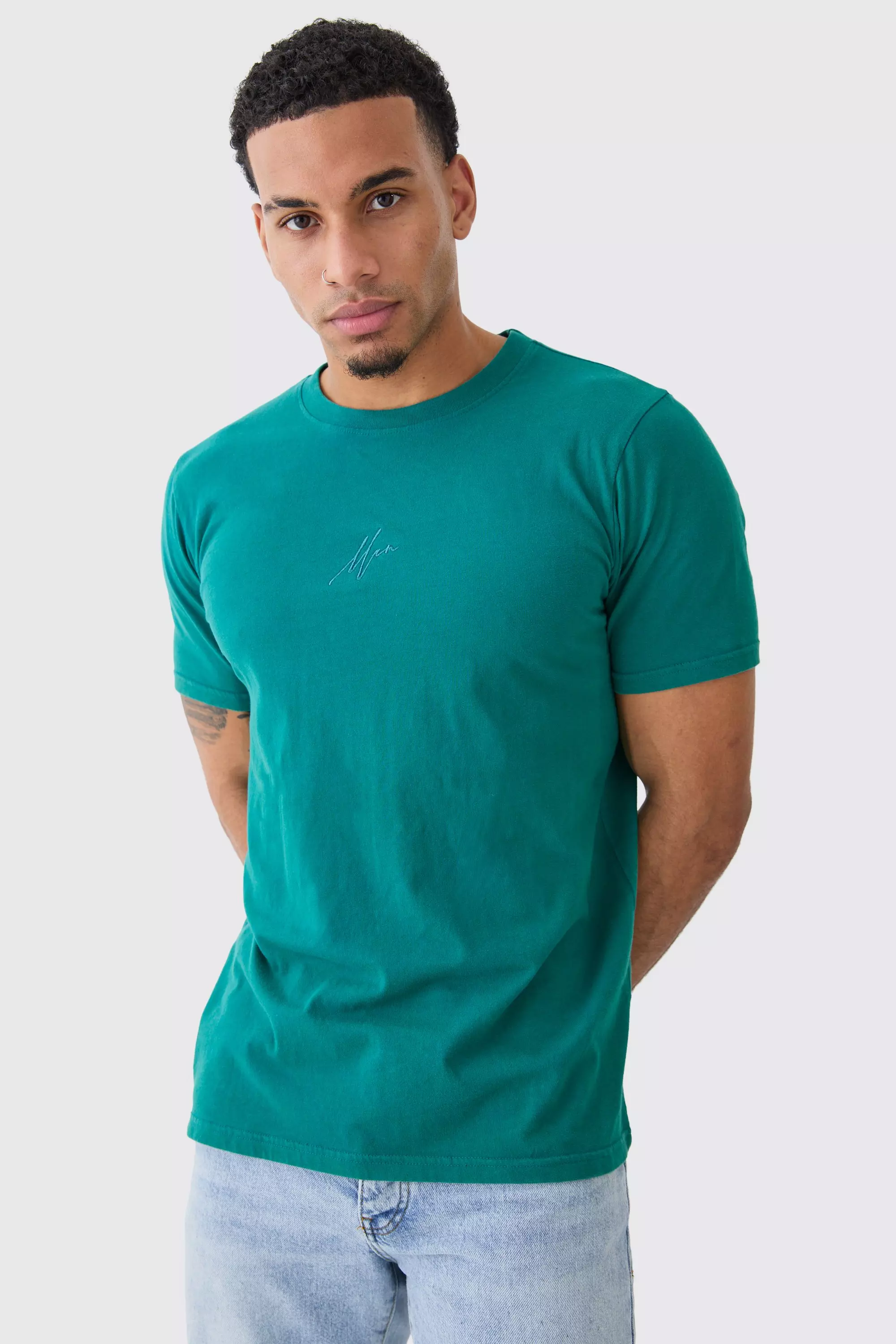 Teal Green Slim Fit Man Acid Wash Crew Neck T-shirt