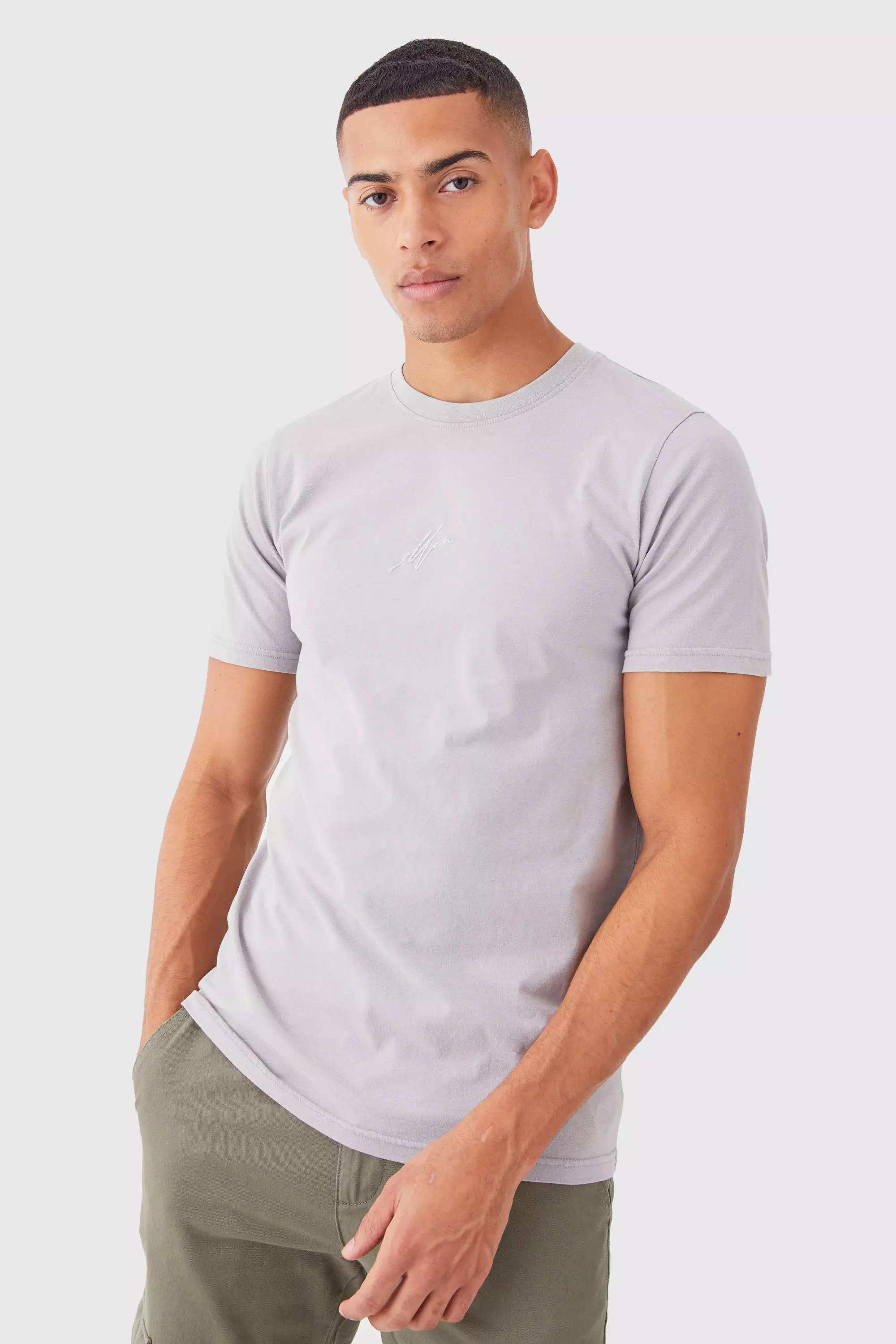 Grey Slim Fit Man Acid Wash Crew Neck T-shirt