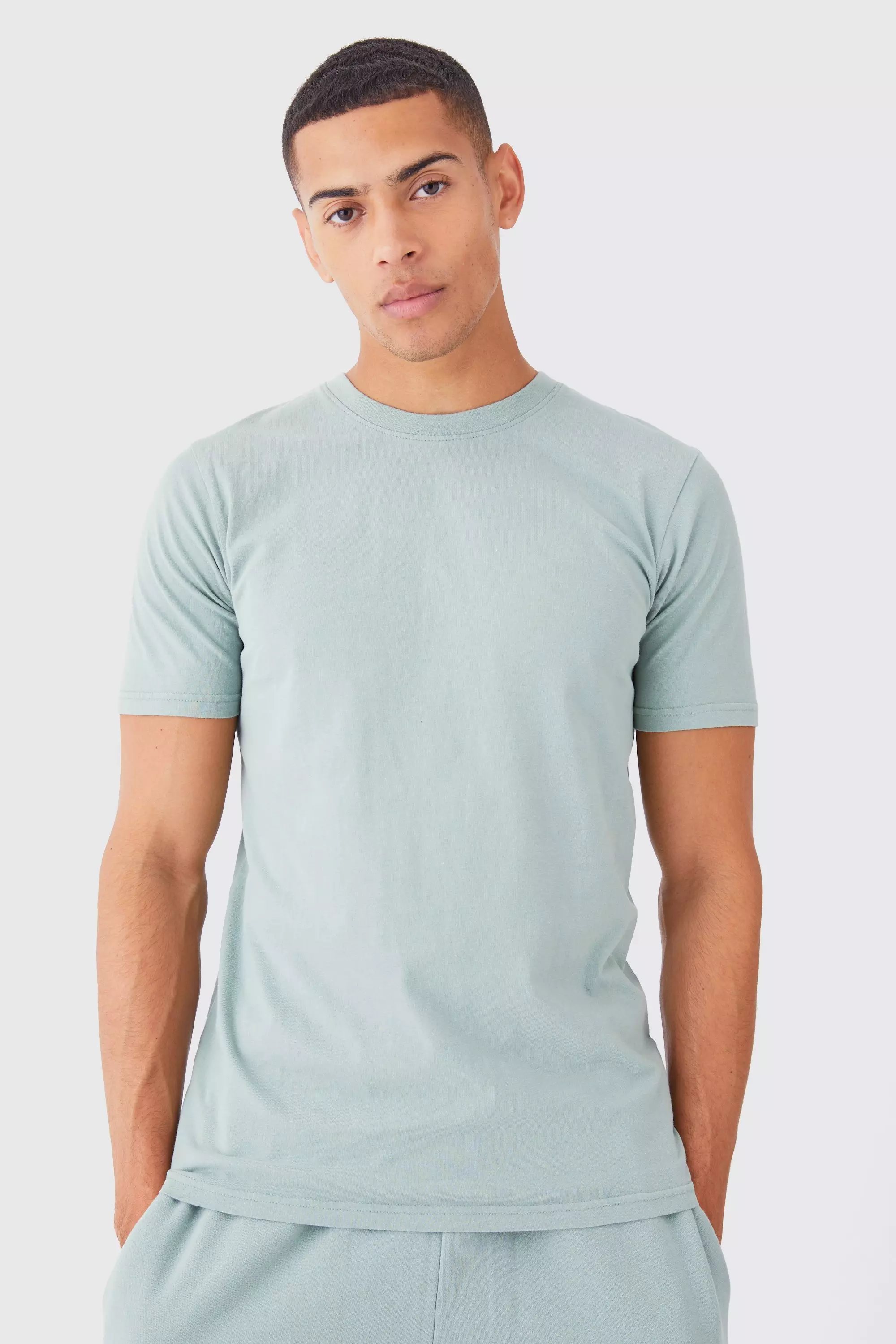 Sage Green Slim Fit Acid Wash Crew Neck T-shirt