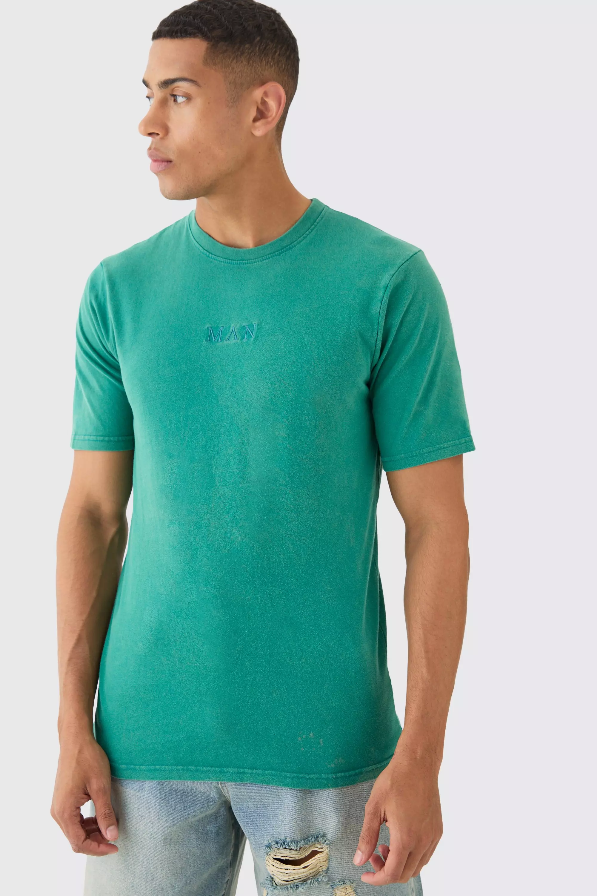 Teal Green Man Roman Acid Wash Crew Neck T-shirt