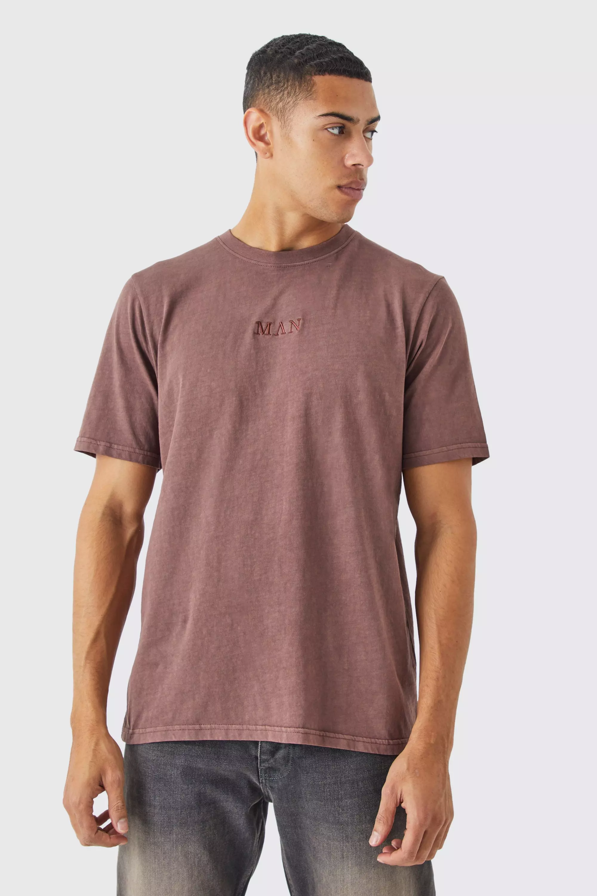 Man Roman Washed Crew Neck T-shirt Chocolate