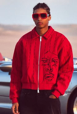 Red Boxy Fit Face Embroidered Bomber