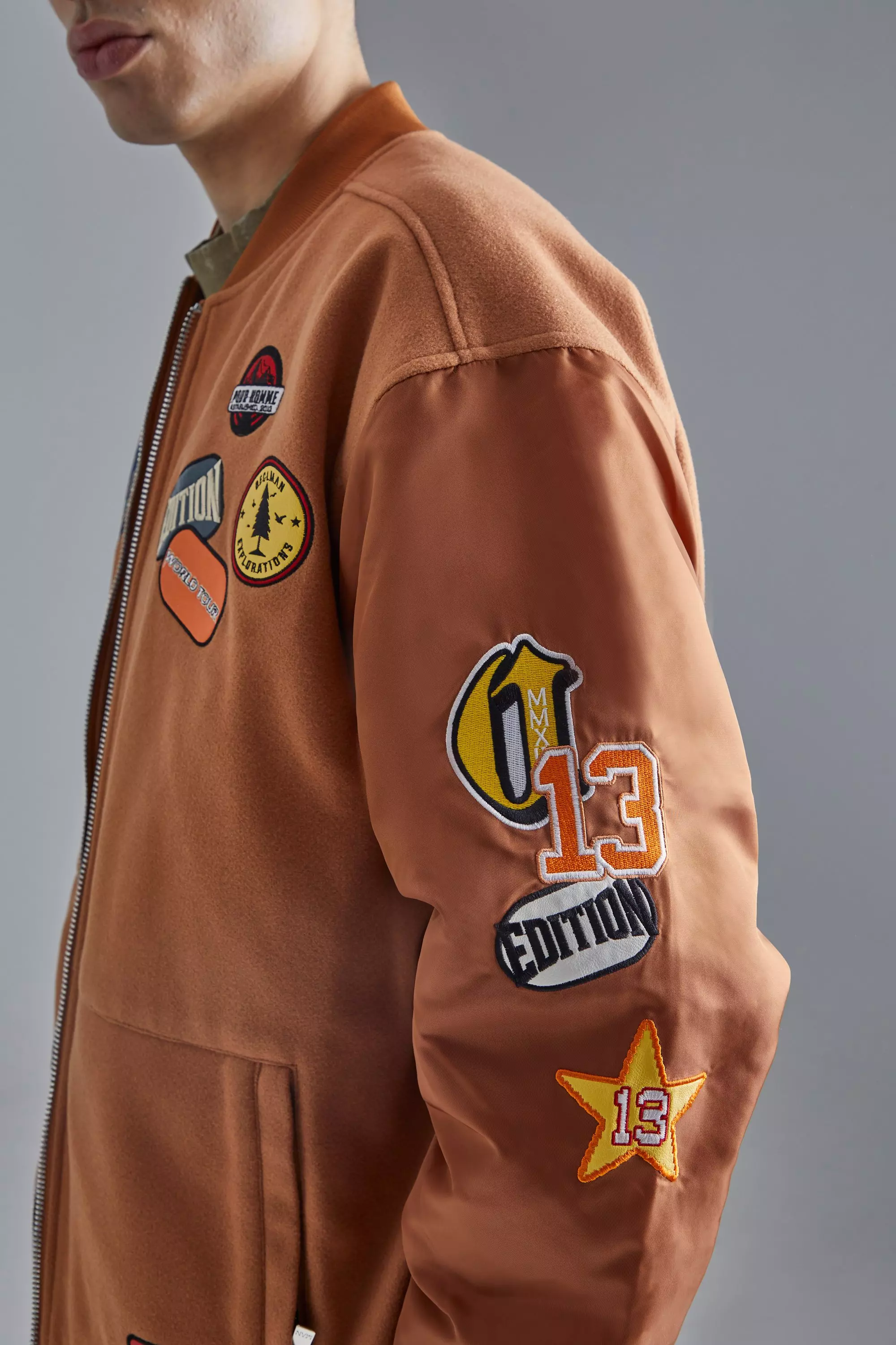 Brown Oversized Badge Nylon Sleeve Bomber