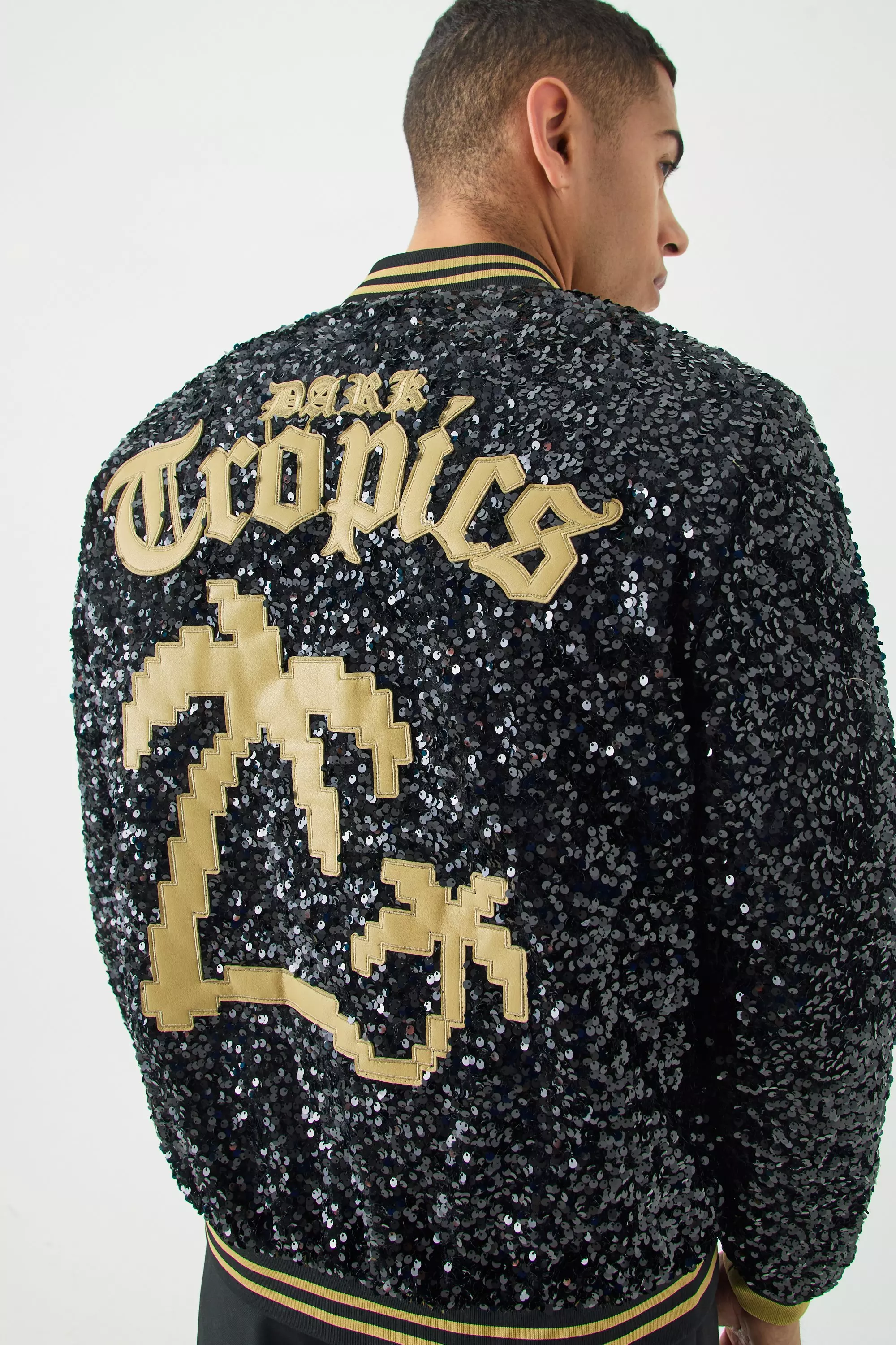 Palm Zip Through Sequin Bomber Black