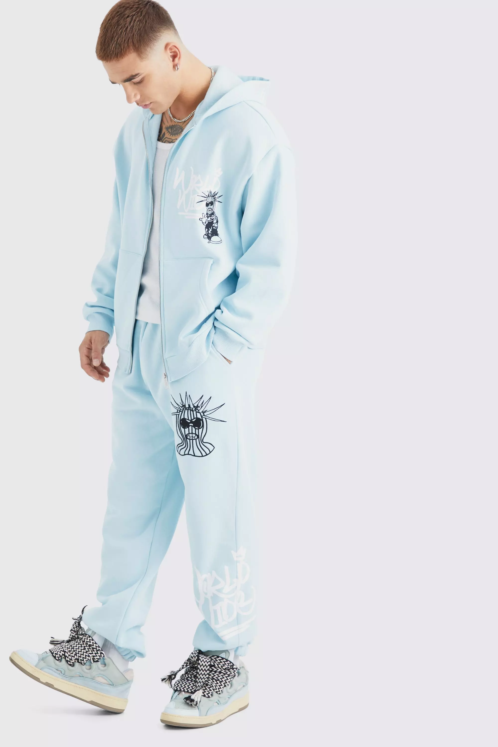 Oversized Masked Character Zip Up Hoodie & Oversized Jogger Blue