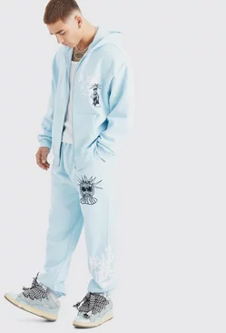 Oversized Masked Character Zip Up Hoodie & Oversized Jogger Blue