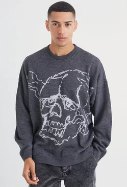 Oversized Line Graphic Skull Knitted Jumper Charcoal