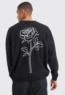 Oversized Line Graphic Rose Knitted Jumper Black