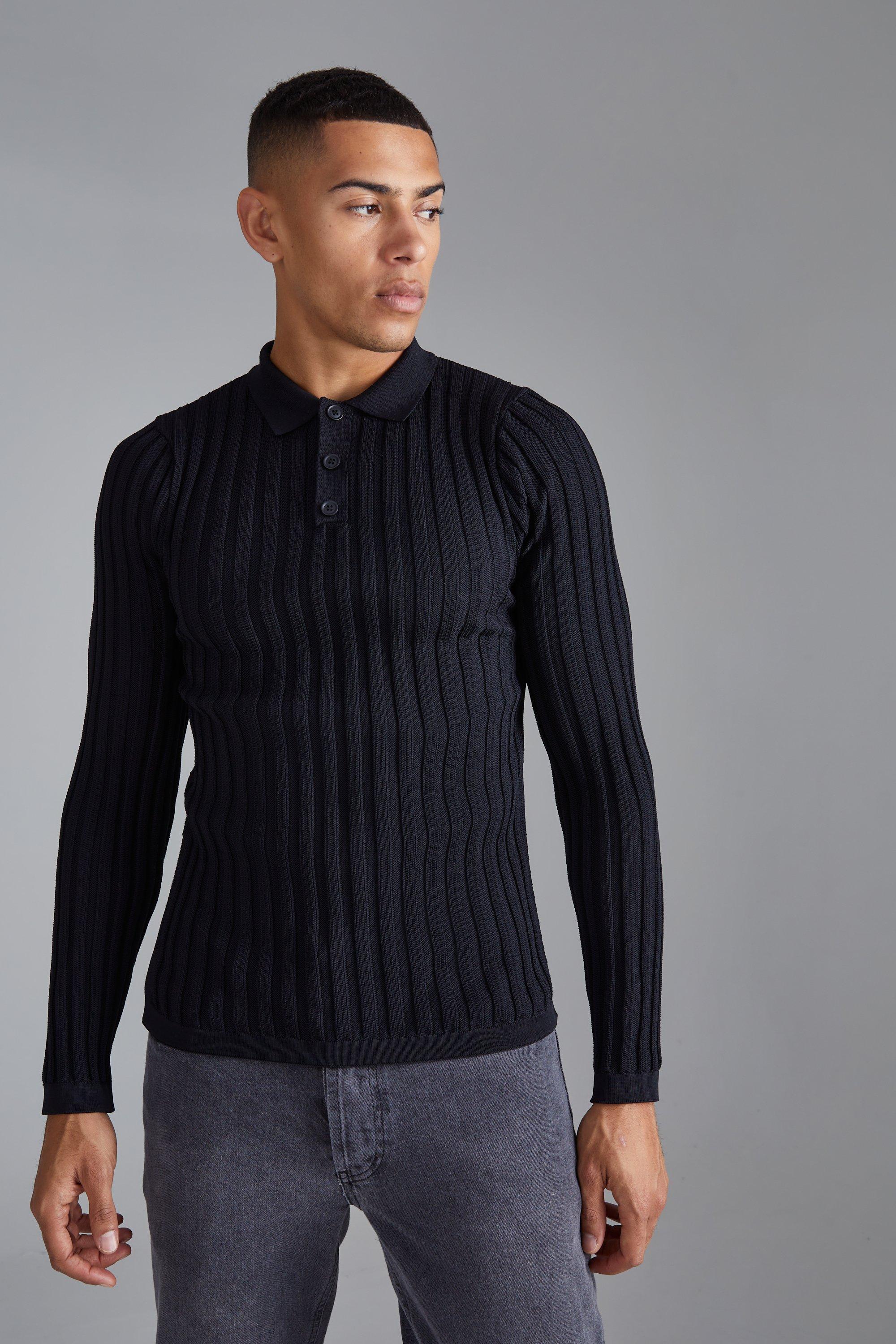 Long Sleeve Muscle Ribbed Polo boohooMAN UK