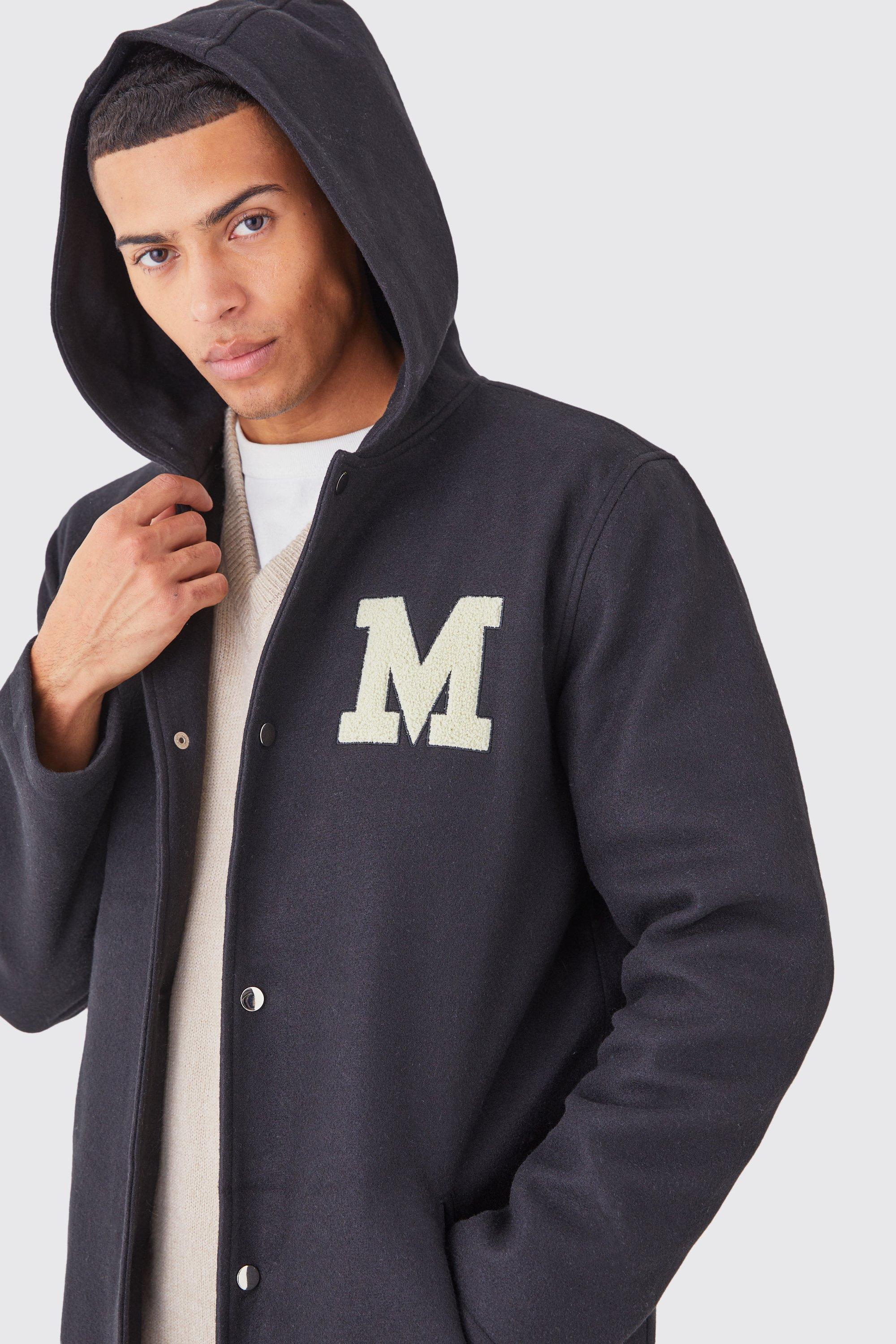 Longline Melton Varsity Overcoat With Hood | boohooMAN USA