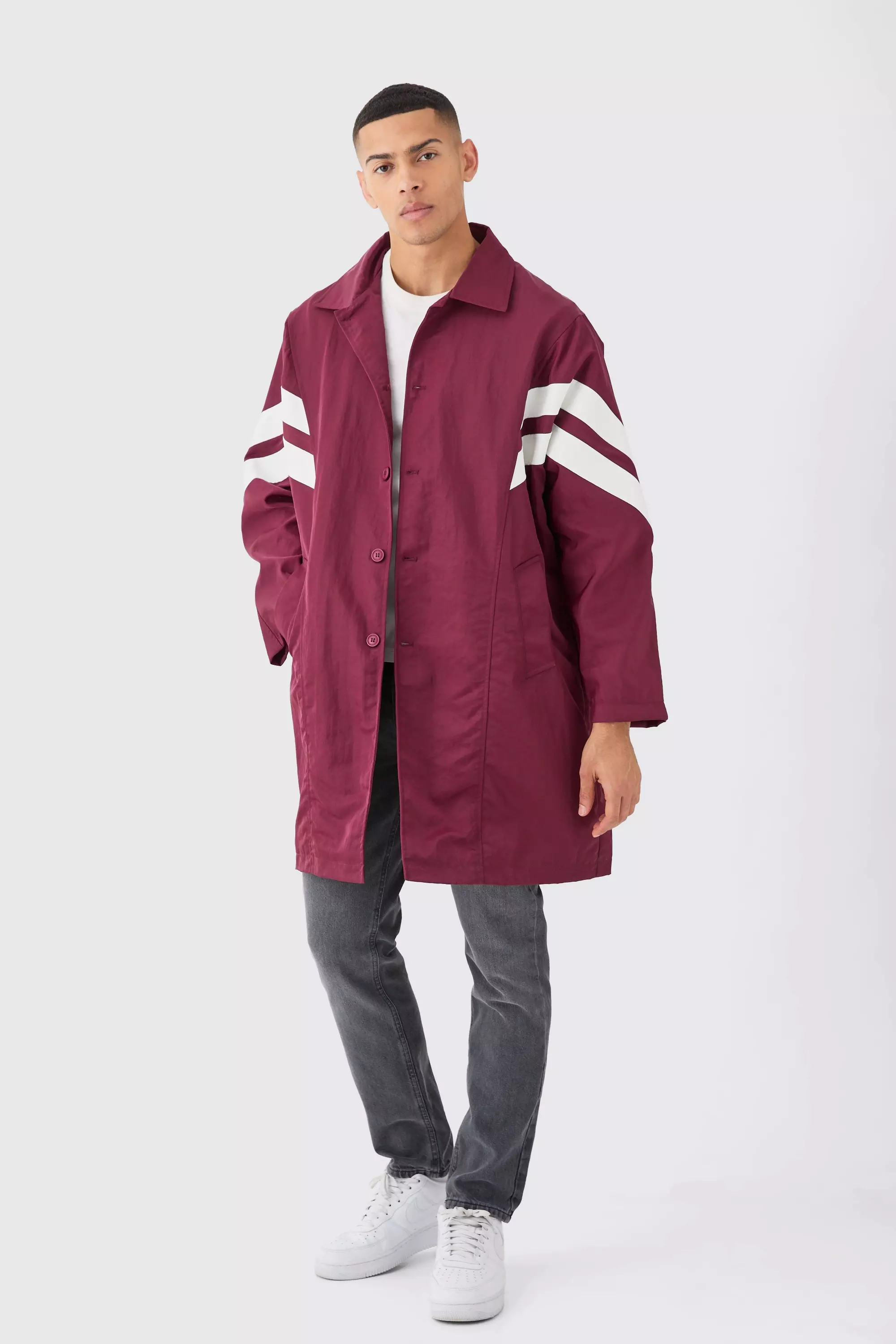 Oversized Nylon Mac With Pu Stripes Wine