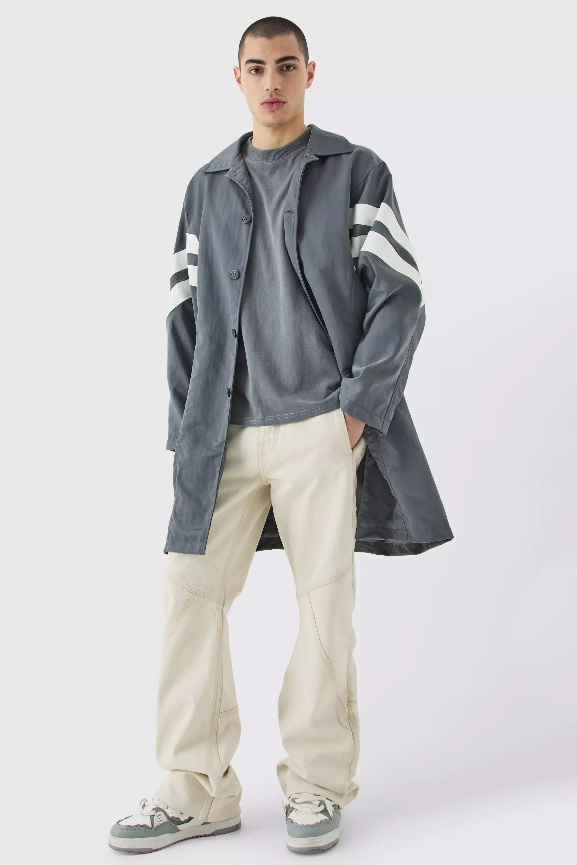 Oversized Nylon Mac With Pu Stripes Grey