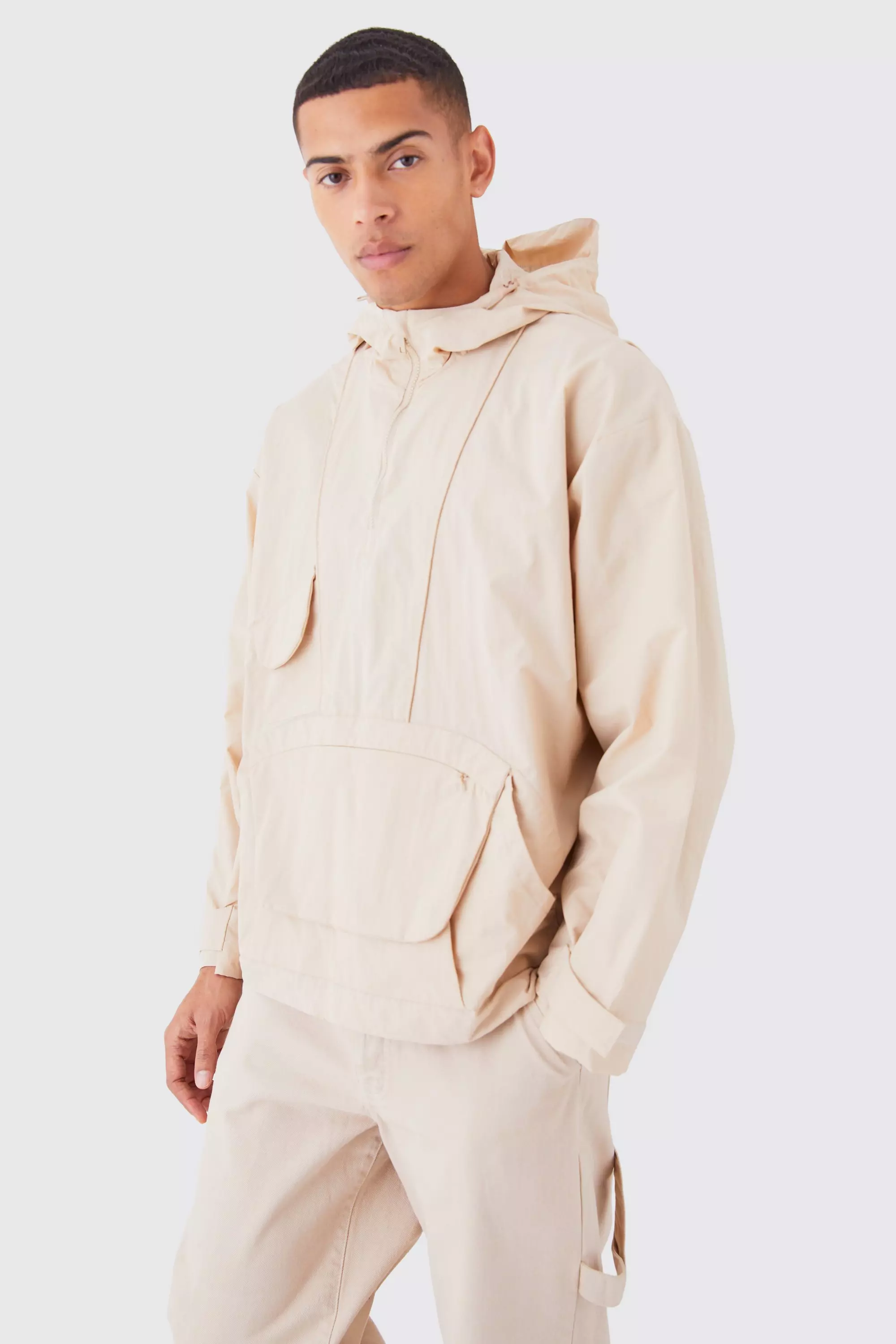 Half Zip Hooded Windbreaker Stone