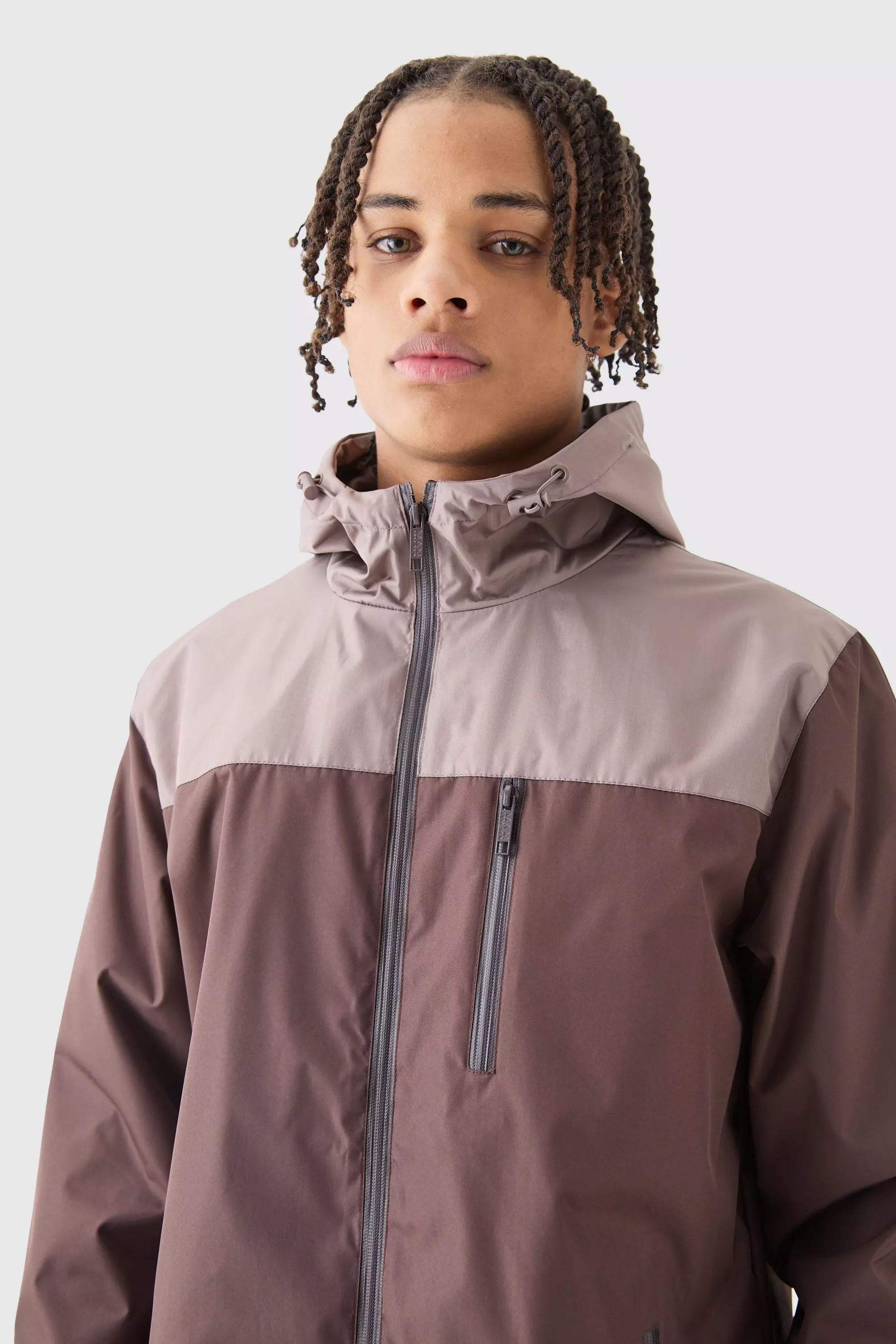 Brown Colour Block Hooded Zip Through Windbreaker