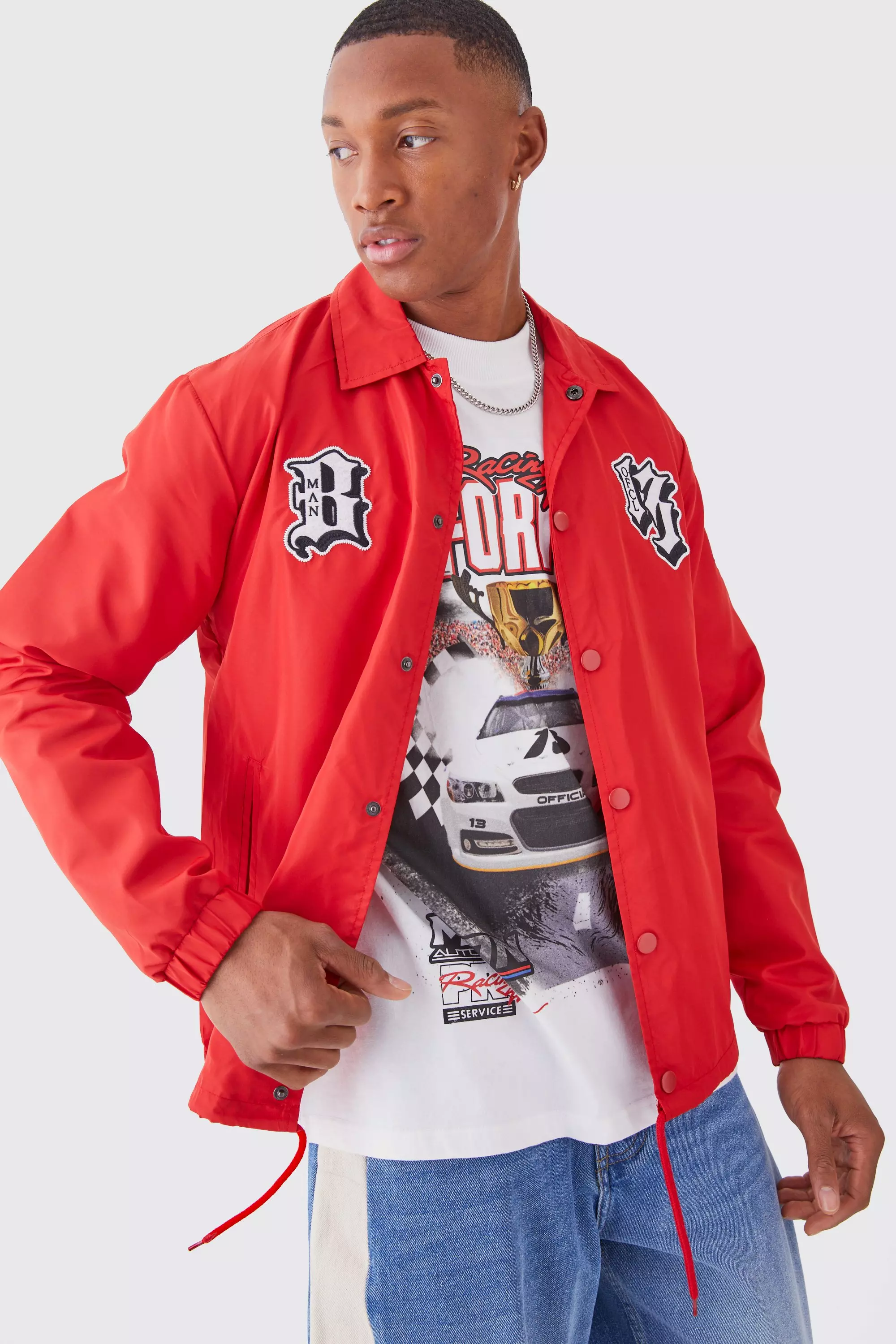 Varsity Badge Nylon Coach Jacket Red