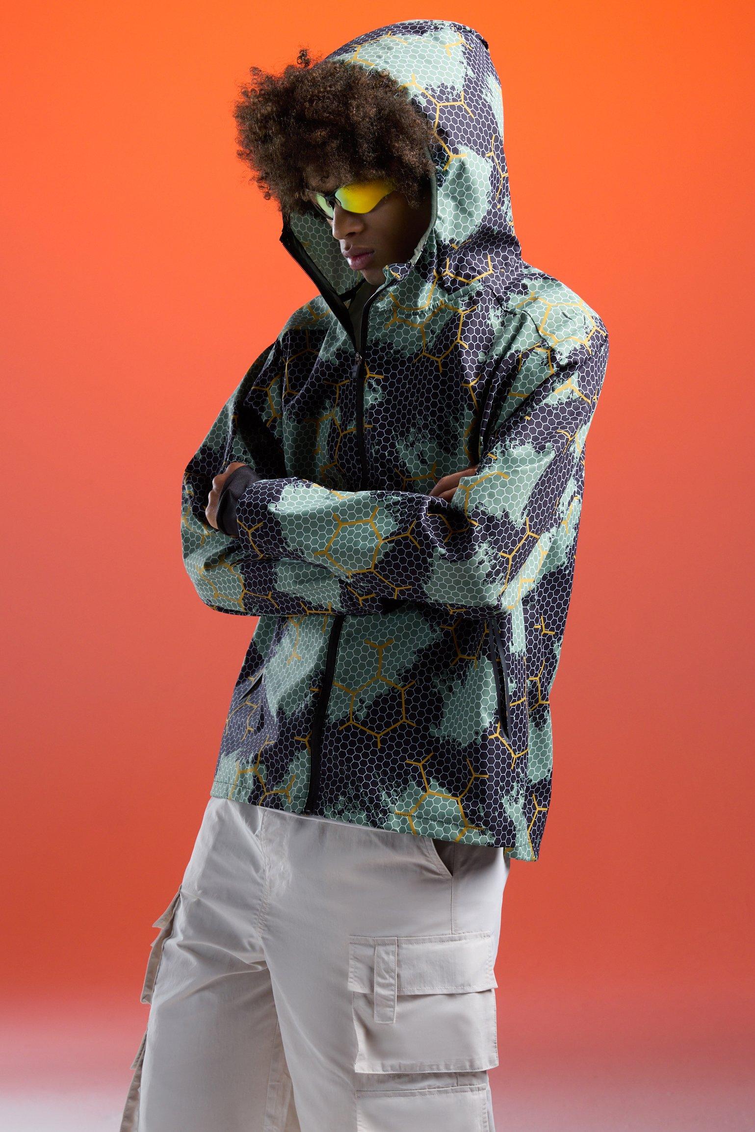 Man Active Geo Camo Printed Trail Windbreaker | boohooMAN USA