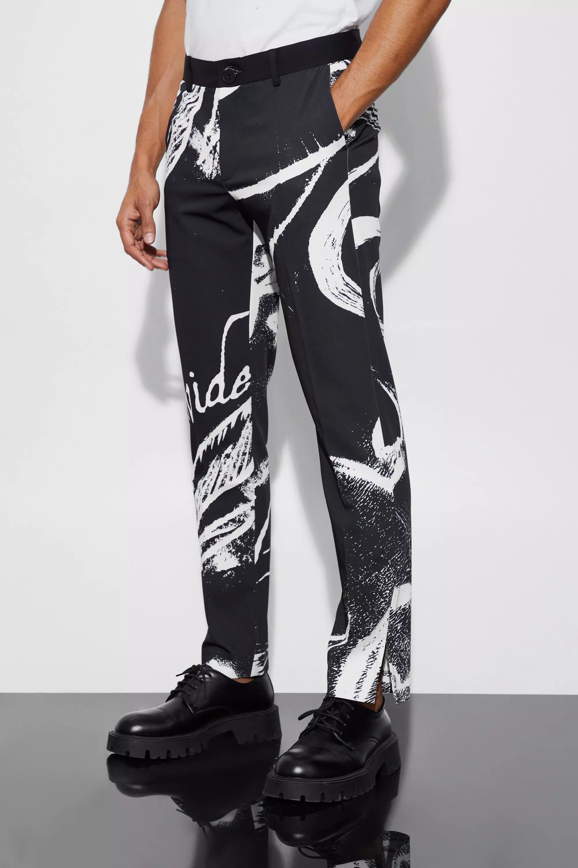 Black Blurred Floral Split Hem Suit Trousers
