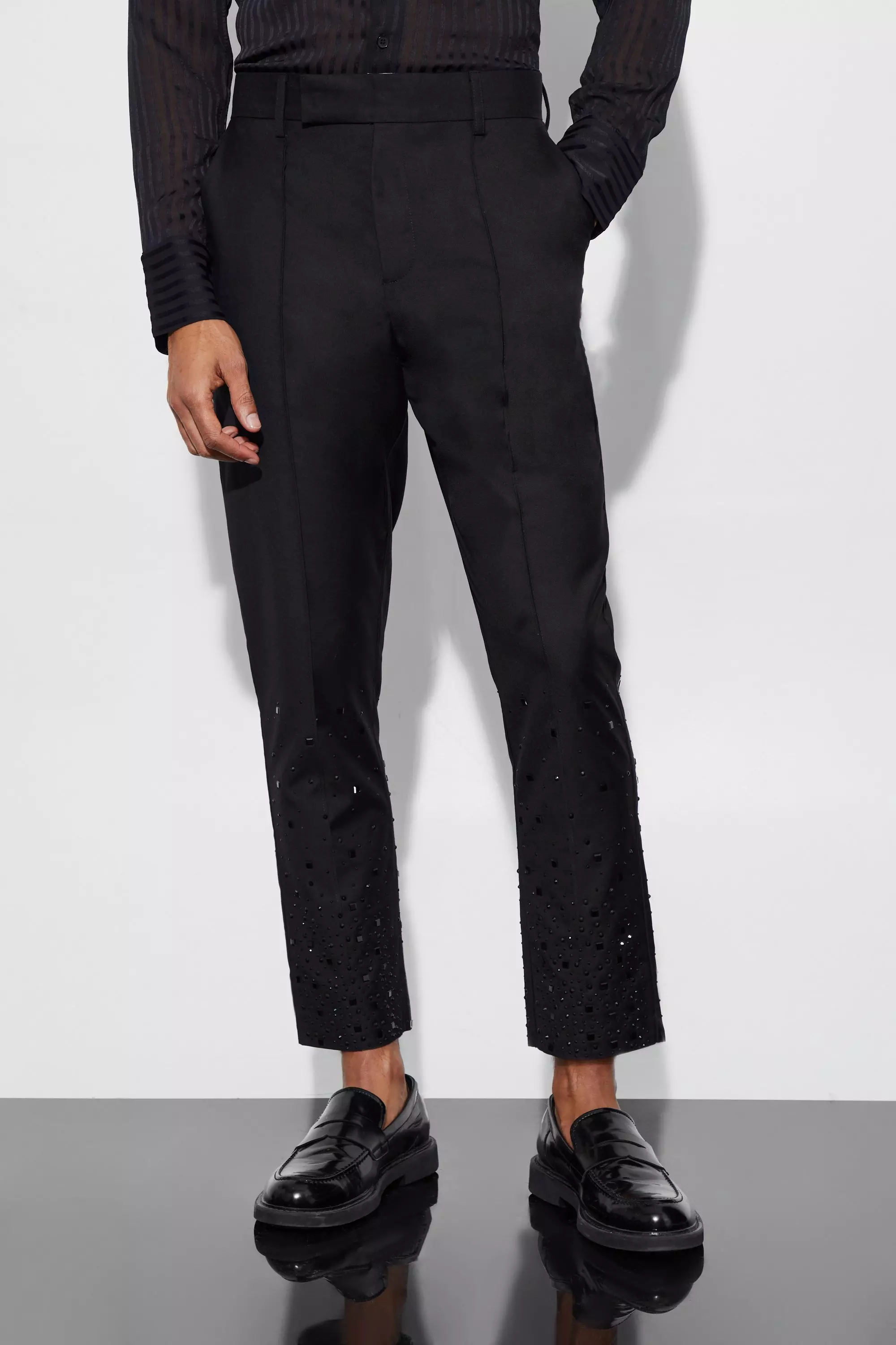 Rhinestone Detail Tapered Suit Trousers Black