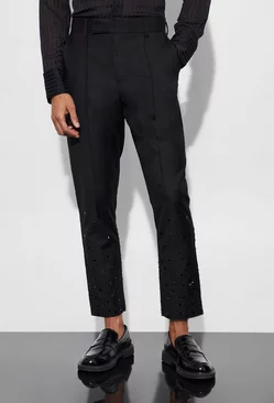 Black Rhinestone Detail Tapered Suit Trousers