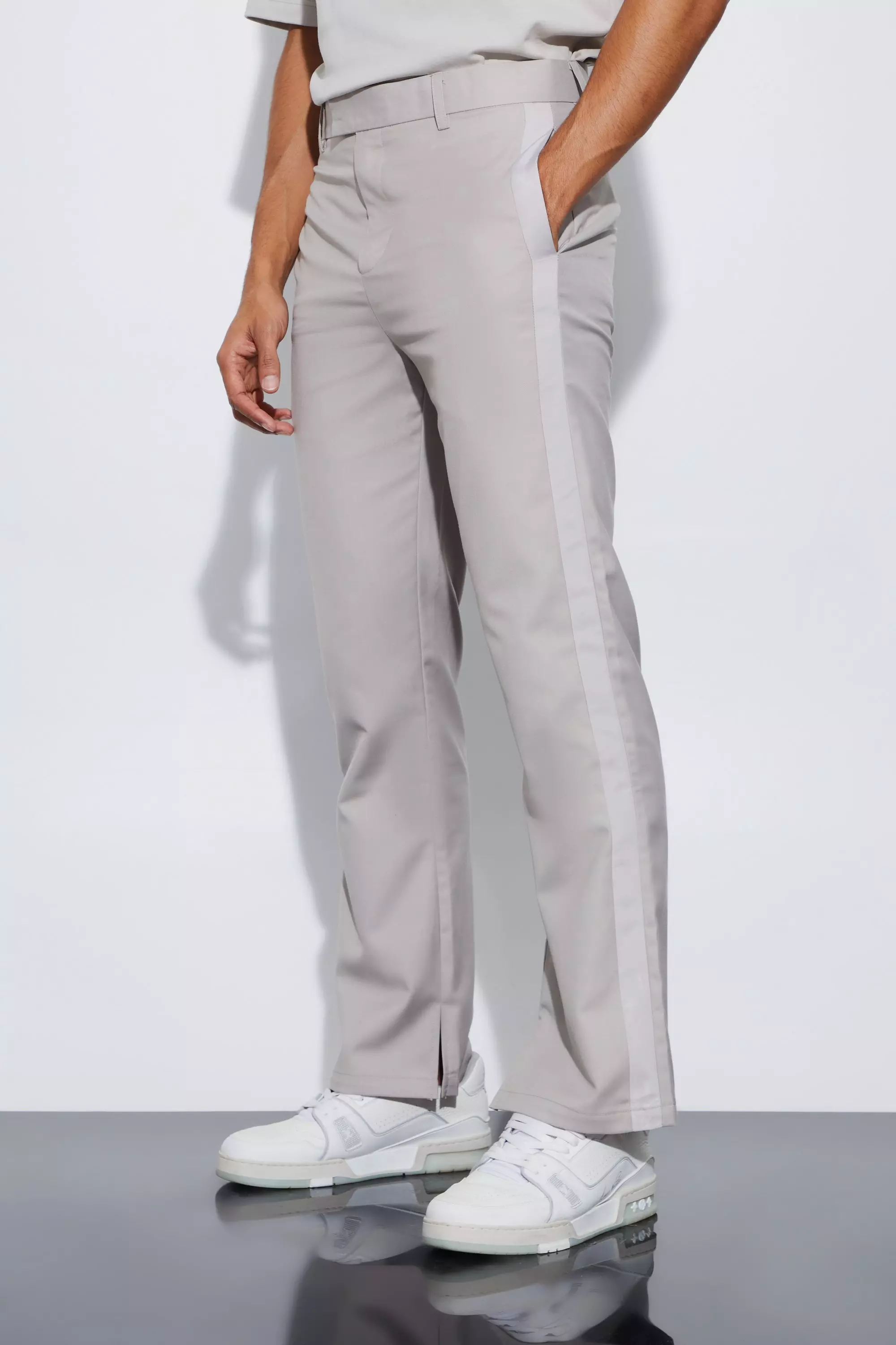 Sand Beige High Shine Trim Split Hem Suit Trousers