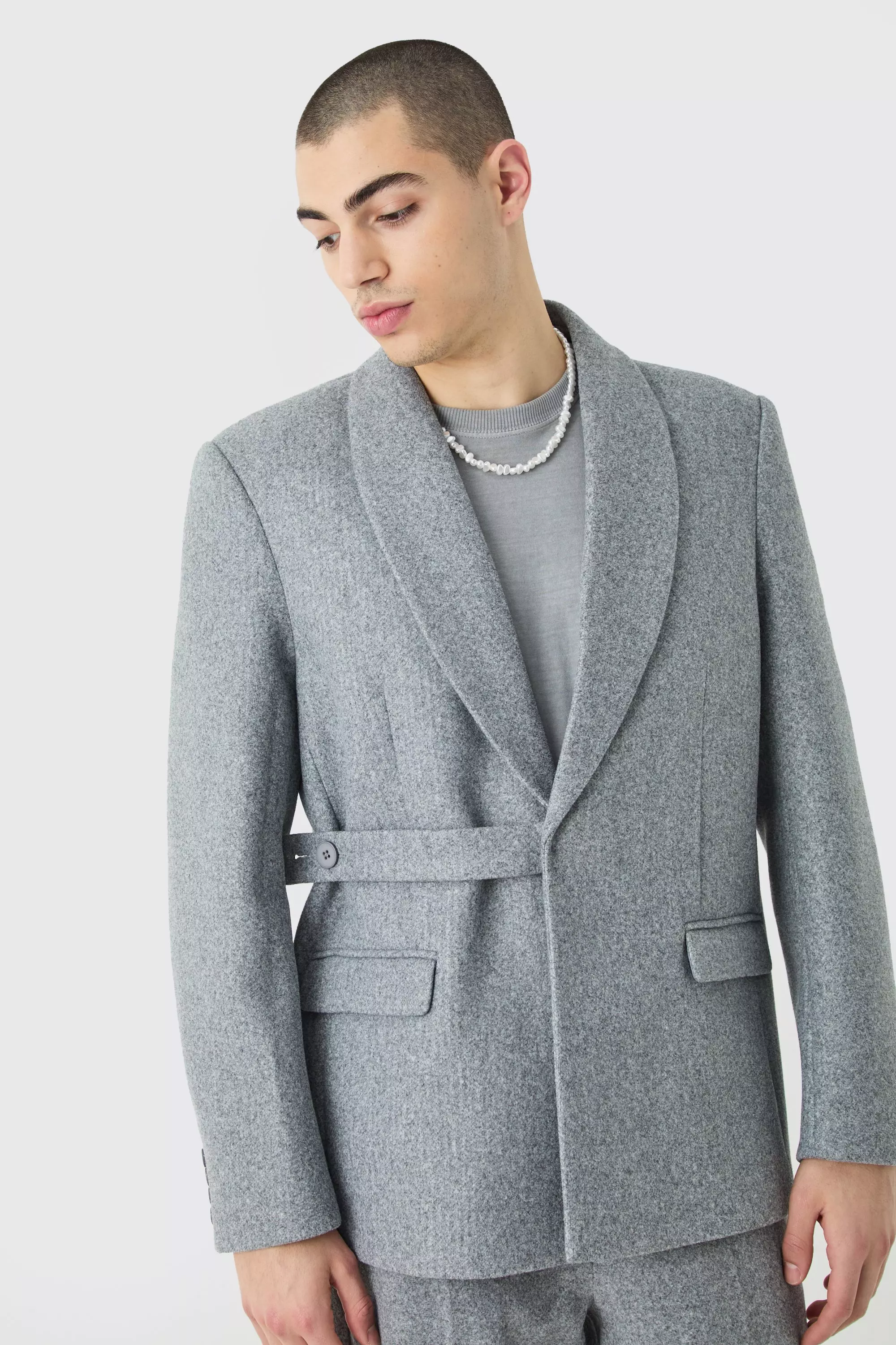 Wool Look Oversized Strap Detail Blazer Grey