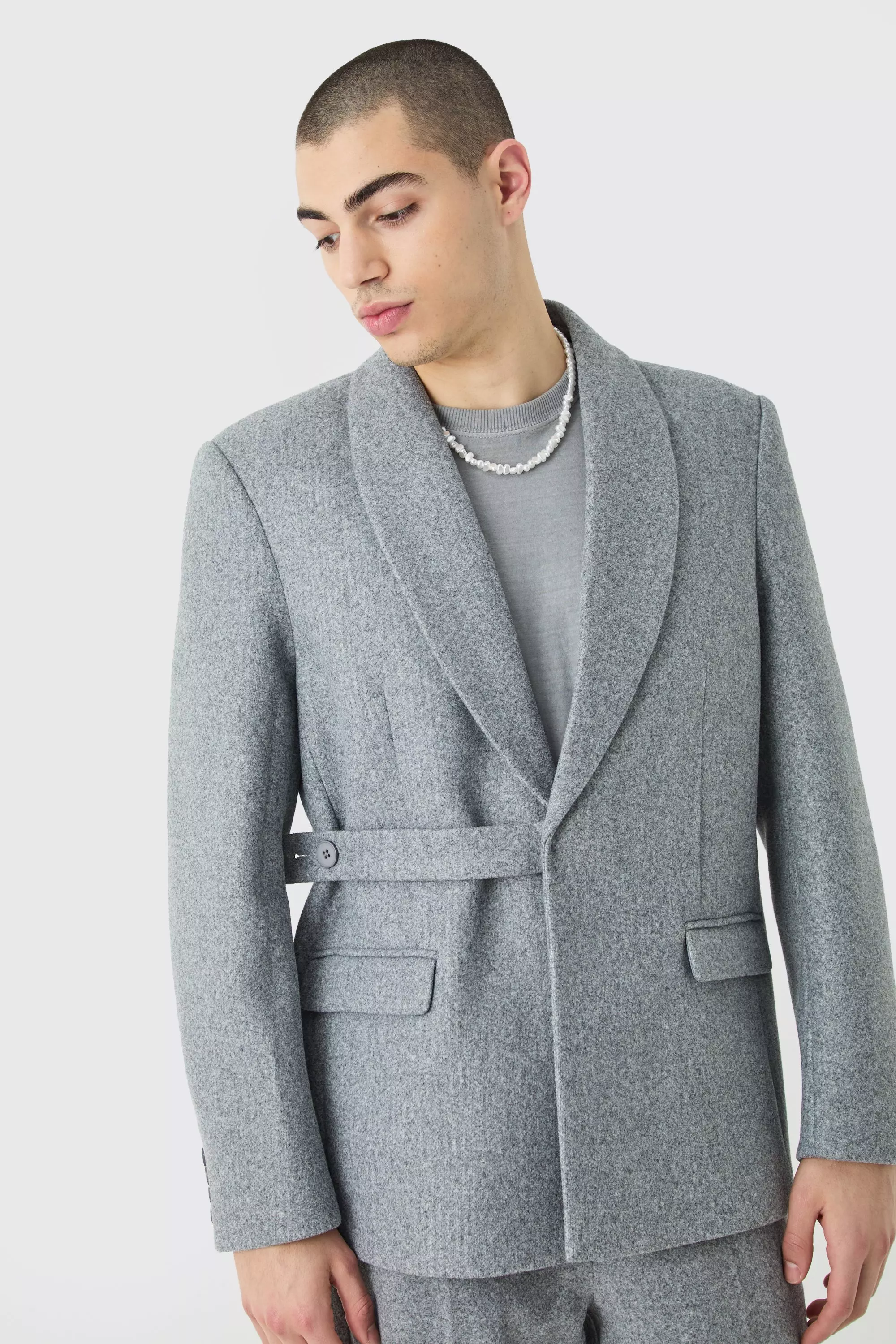 Grey Melton Wool Oversized Strap Detail Blazer