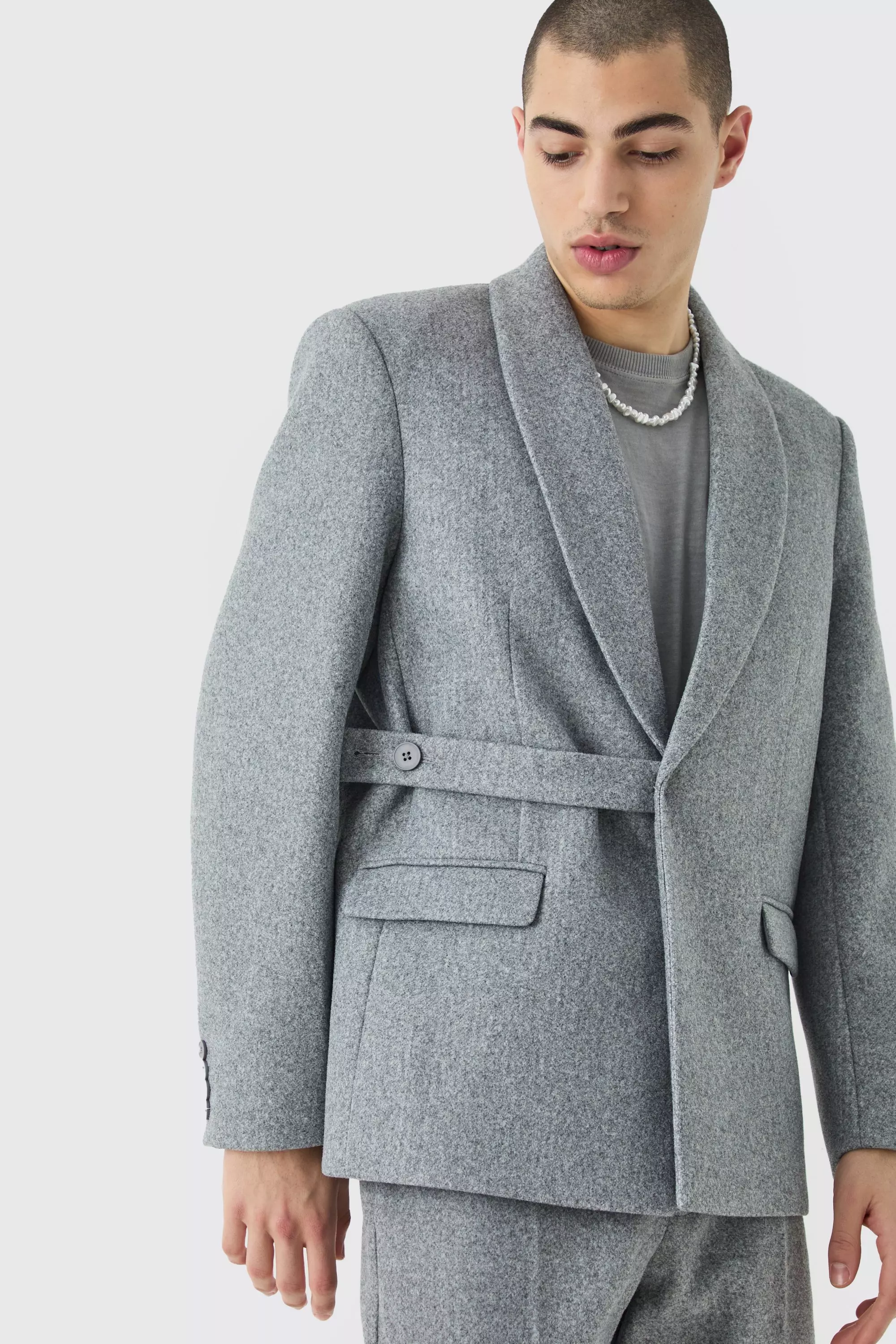 Grey Oversized Wollen Melton Blazer Met Bandjes alternatieve afbeelding