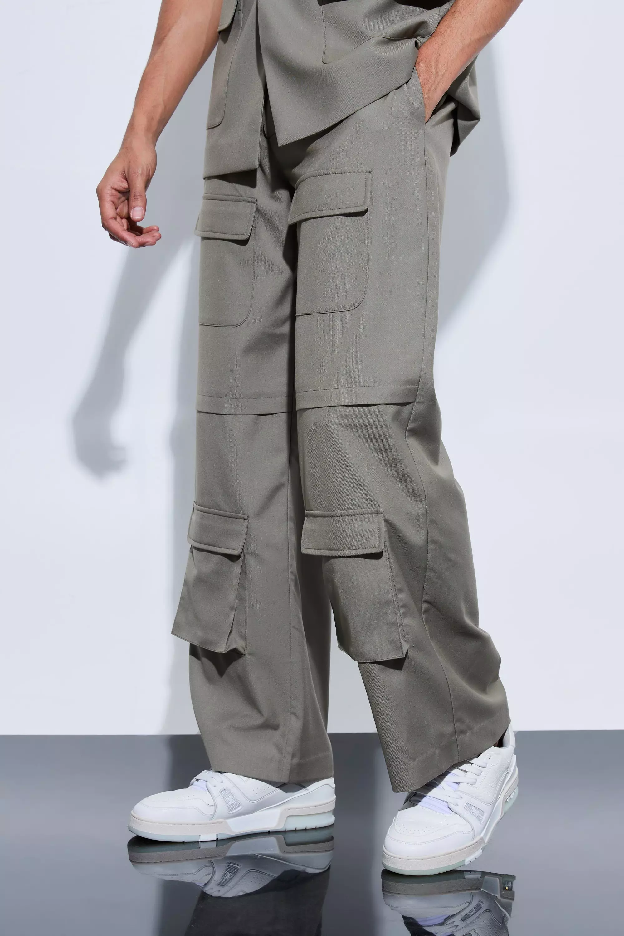 Khaki Pu Cargo Pocket Wide Leg Trousers