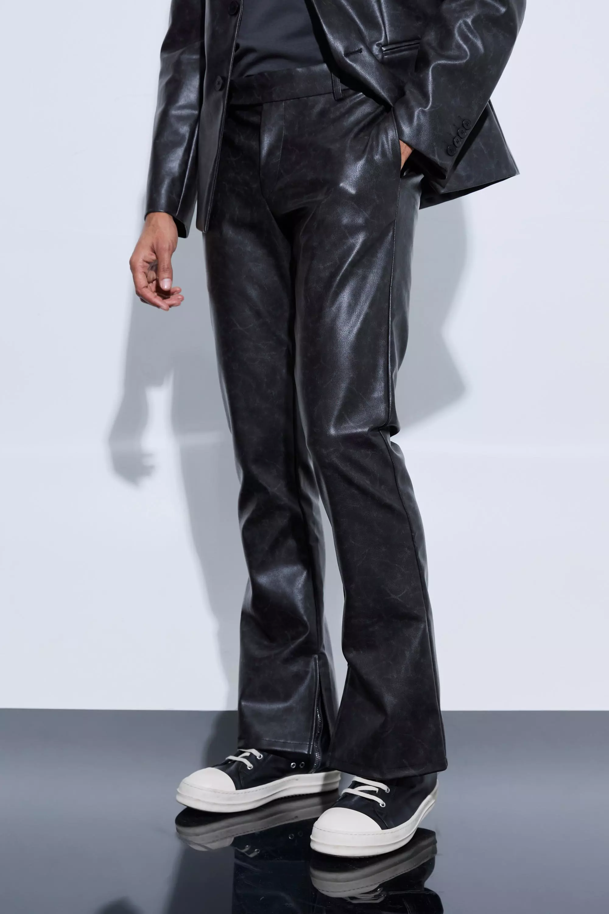 Black Split Hem Pu Tailored Flared Trousers alternative image