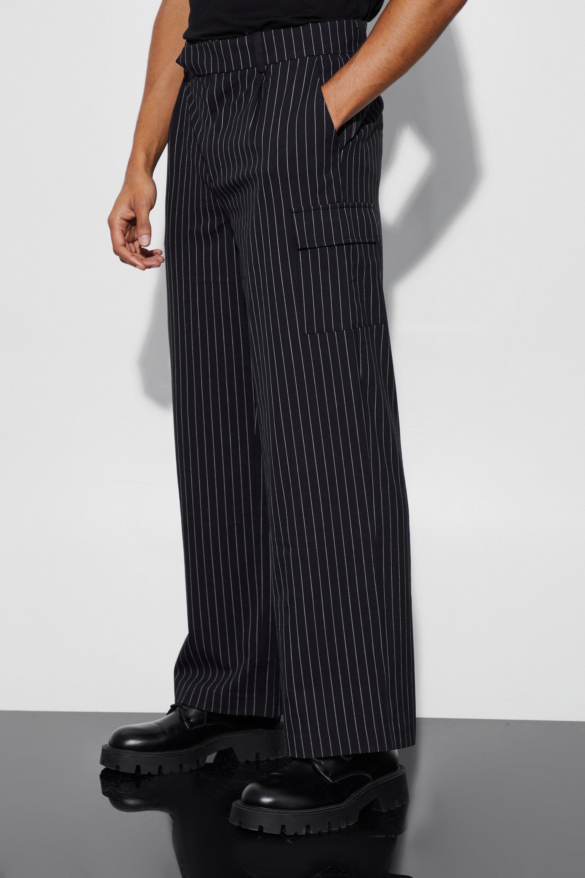 Black Pinstripe Cargo Tailored Wide Leg Trousers