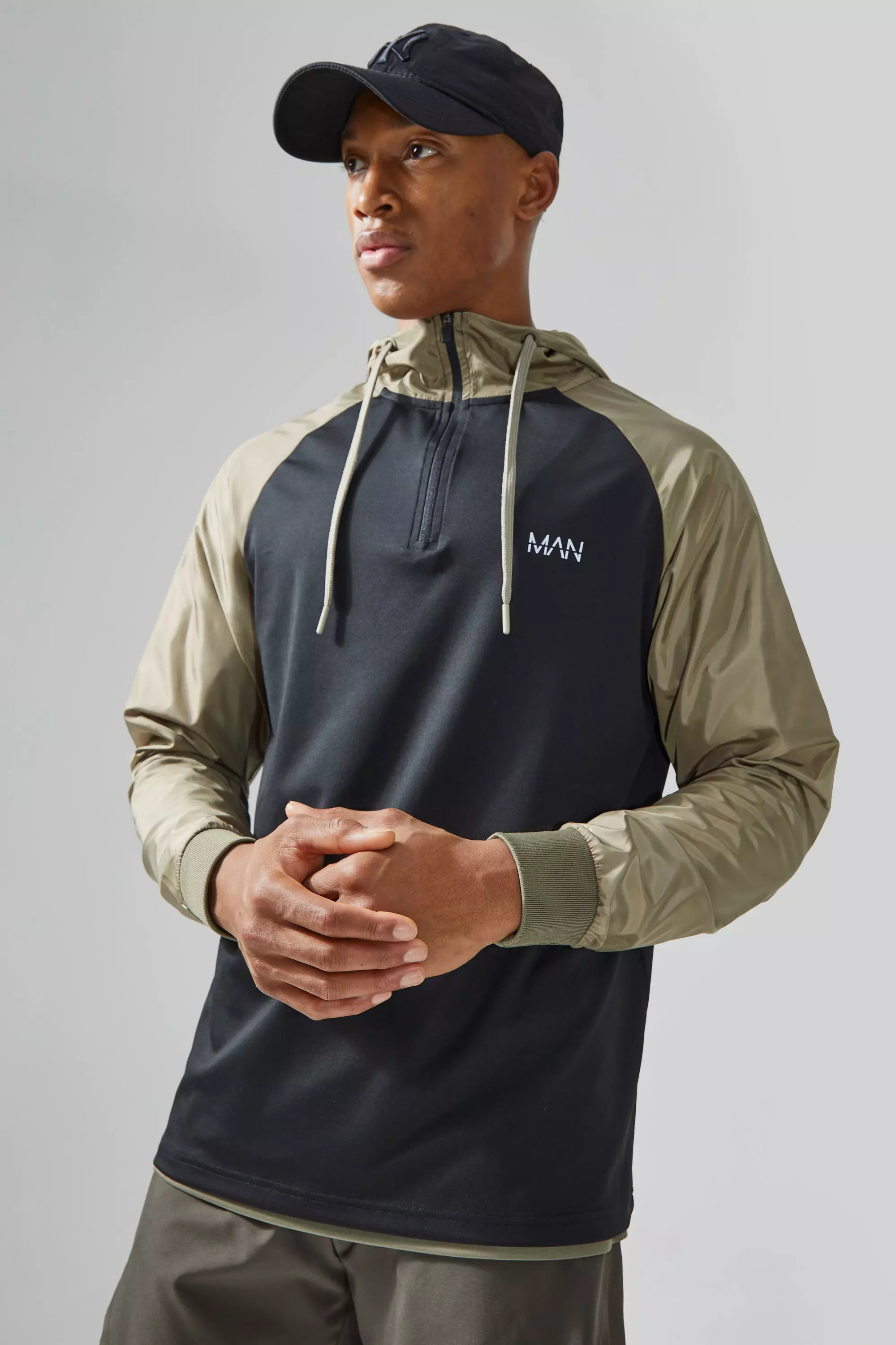 Man Active Gym Hoodie With Matte Sleeves Khaki