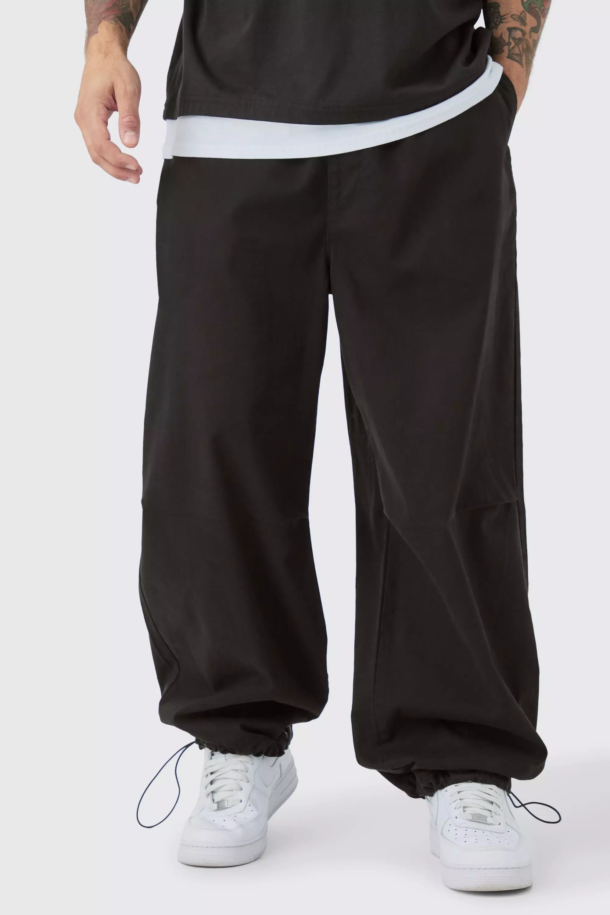 Black Bungee Waist Twill Parachute Pants