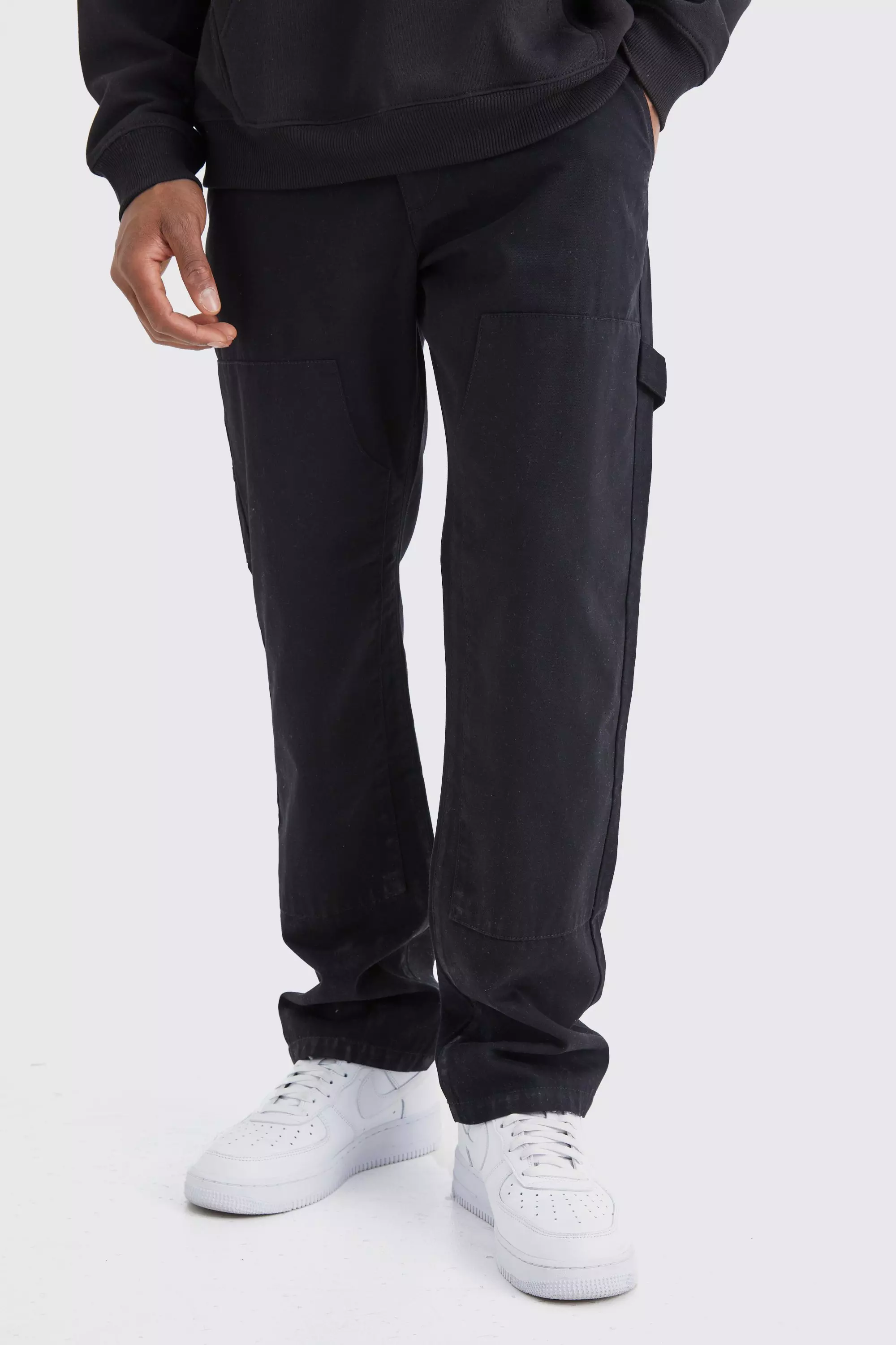 Black Fixed Waist Carpenter Pants