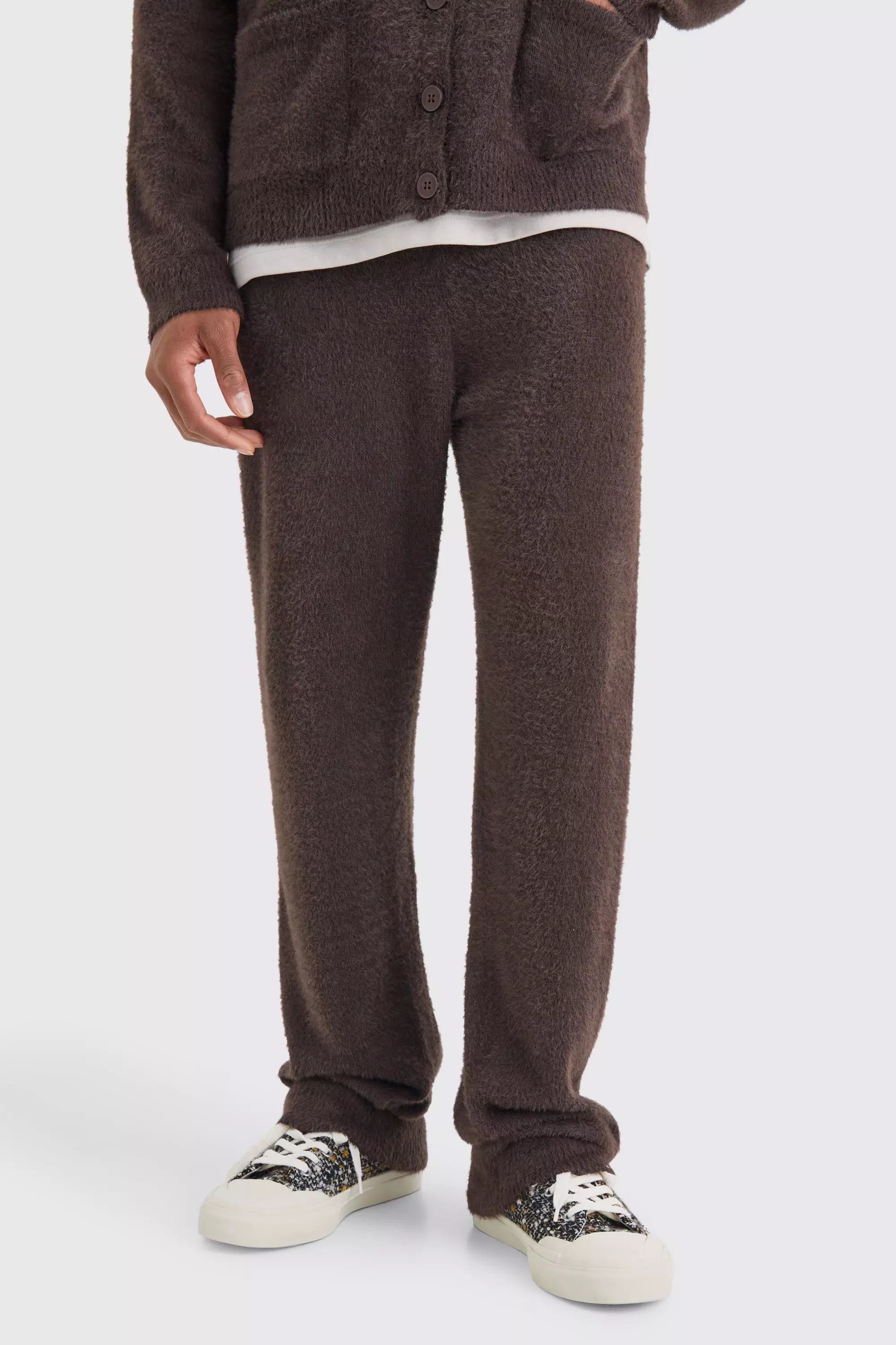 Relaxed Fluffy Knitted Joggers Chocolate