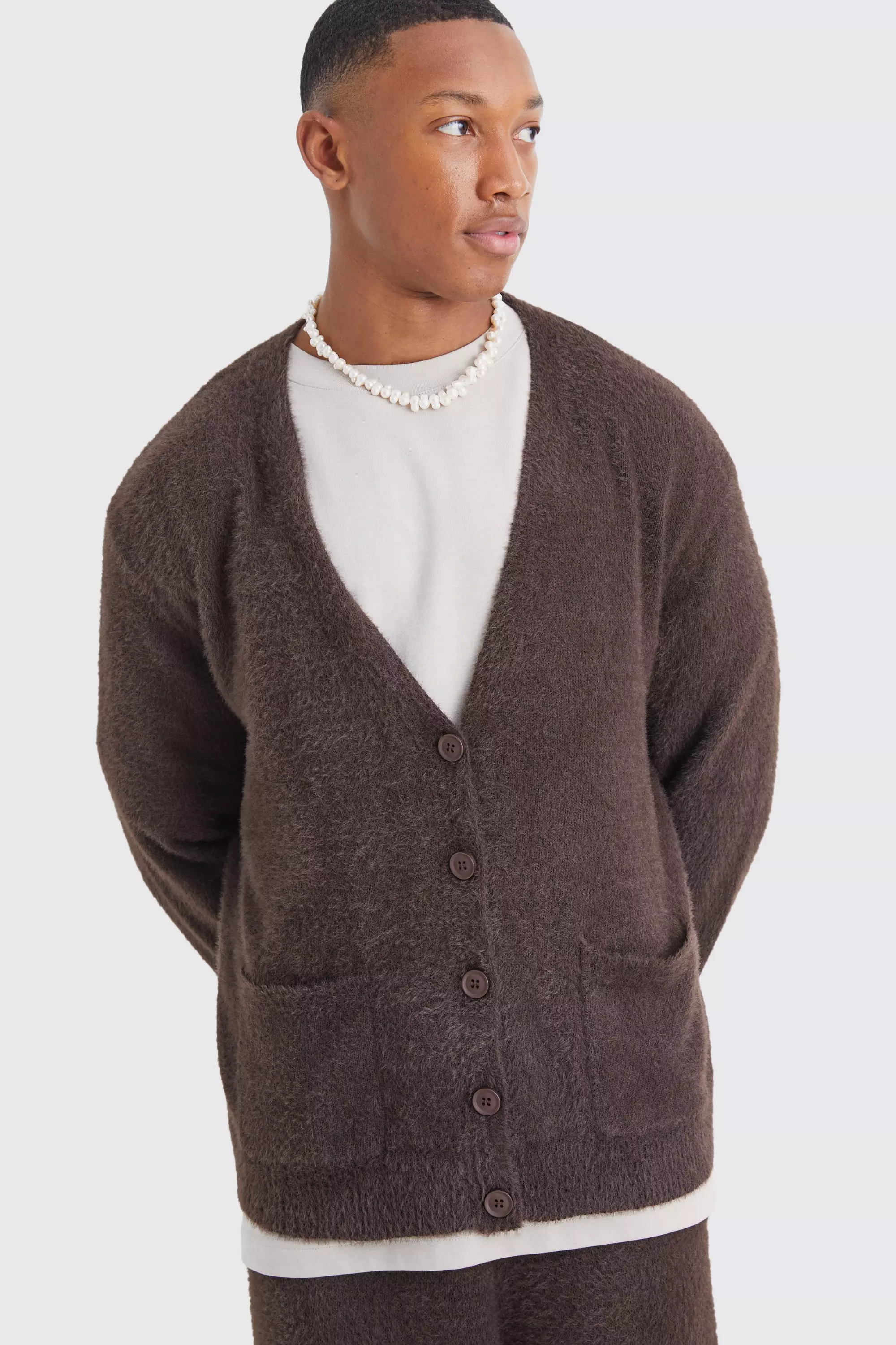 Chocolate Brown Boxy Fluffy Knitted Cardigan