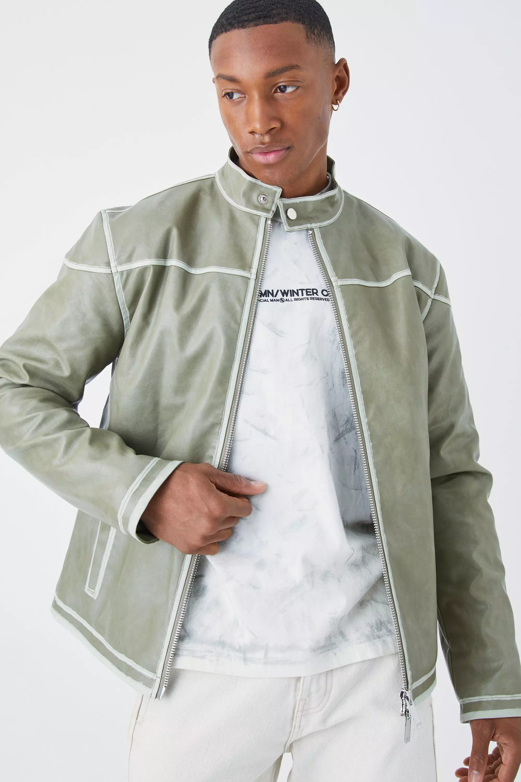 Regular Washed Seam Detail Pu Biker Sage