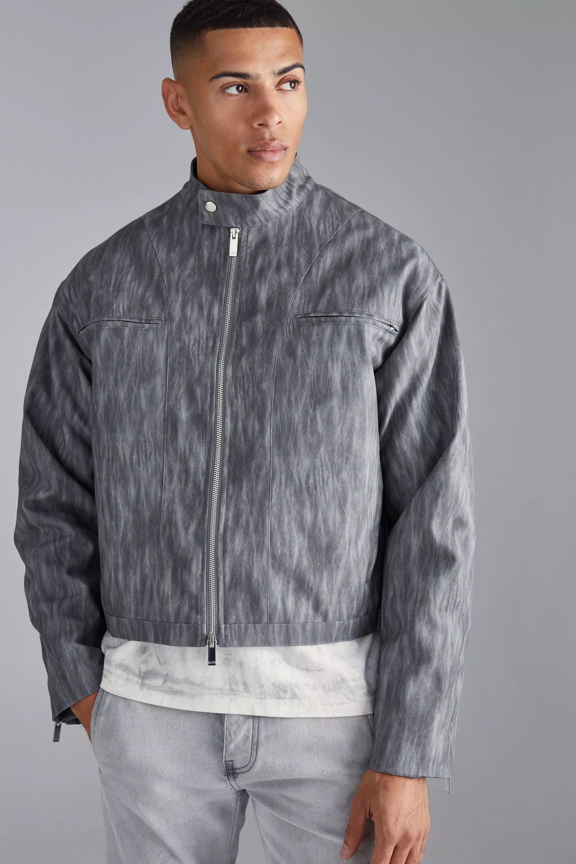 Boxy Funnel Neck Biker Jacket Grey