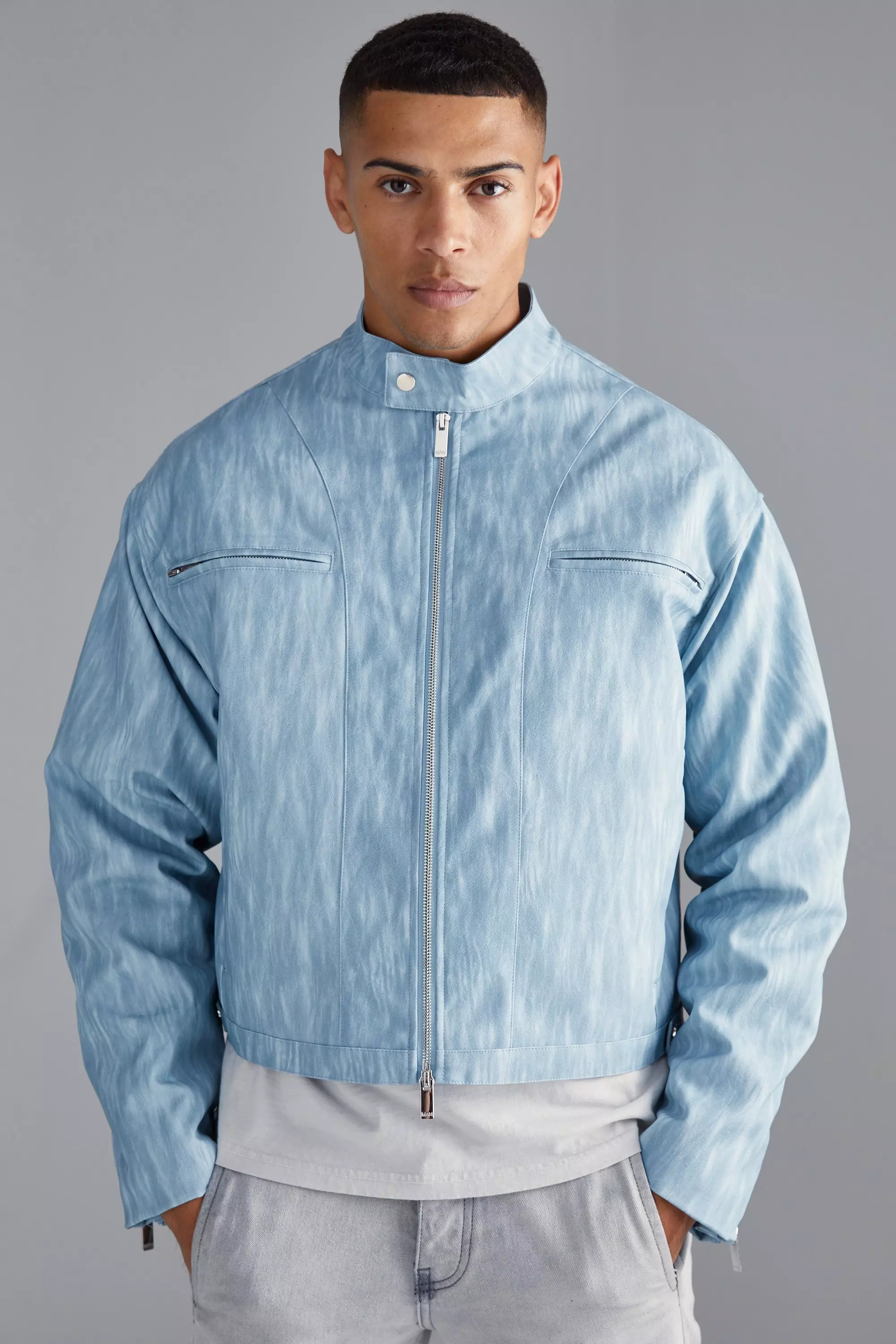 Boxy Funnel Neck Biker Jacket Pale blue