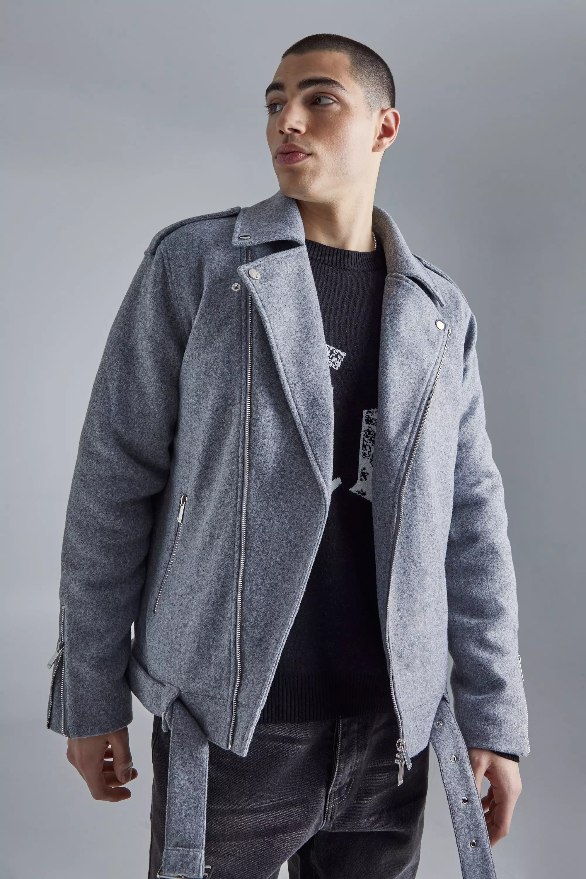 Regular Melton Biker Jacket Grey marl