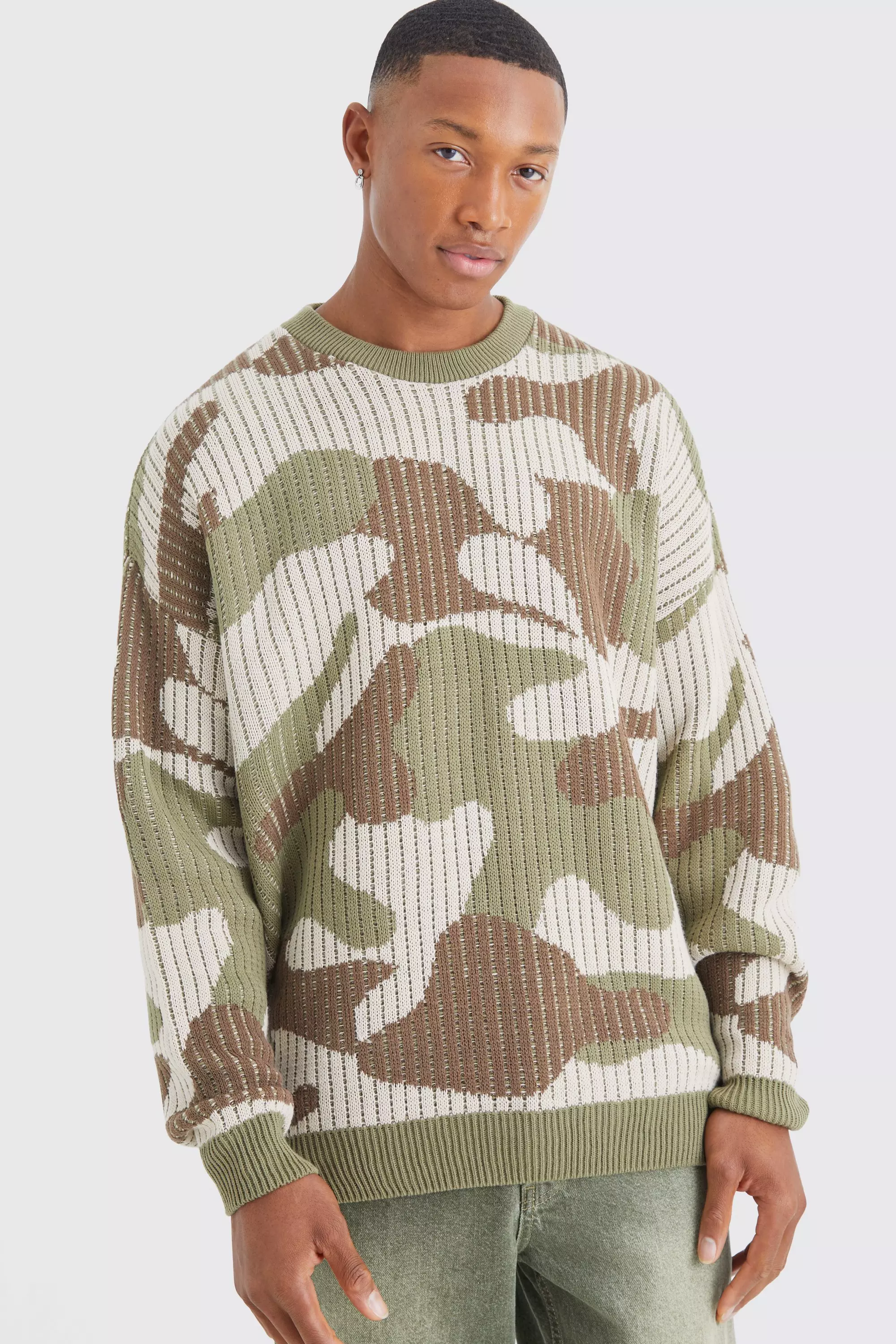 Oversized Ribbed Camo Knited Jumper Khaki