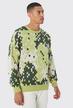 Oversized Pixelated Camo Knitted Jumper Green