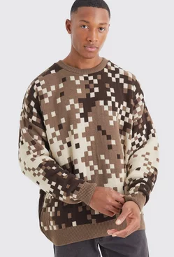 Oversized Pixelated Camo Knitted Jumper Chocolate