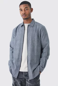 Tall Long Sleeve Check Zip Overshirt Grey