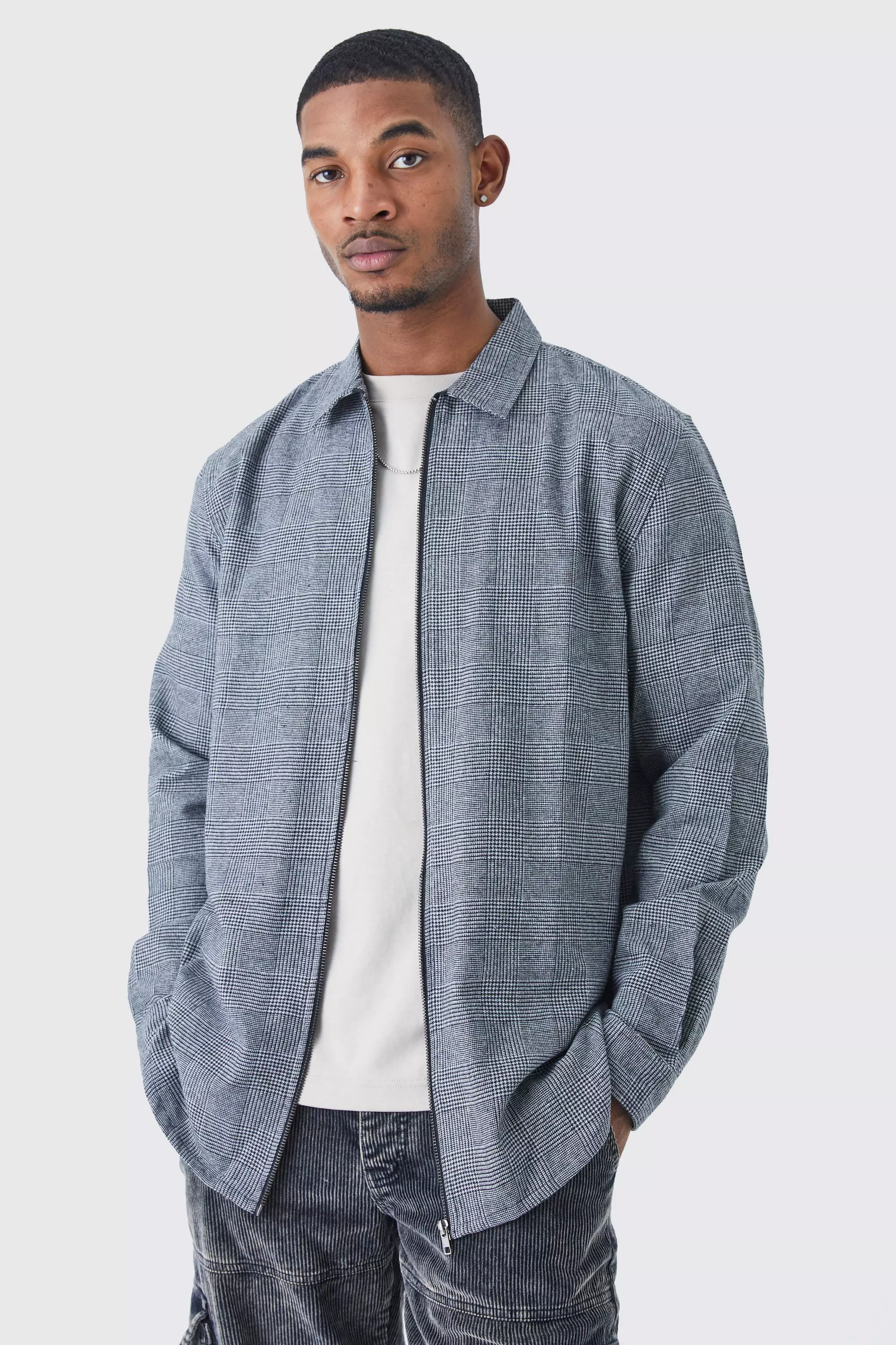 Tall Long Sleeve Check Zip Overshirt Grey