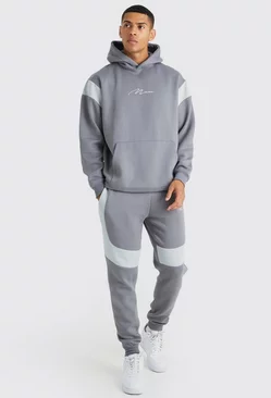 Oversized Man Colour Block Hooded Tracksuit Grey