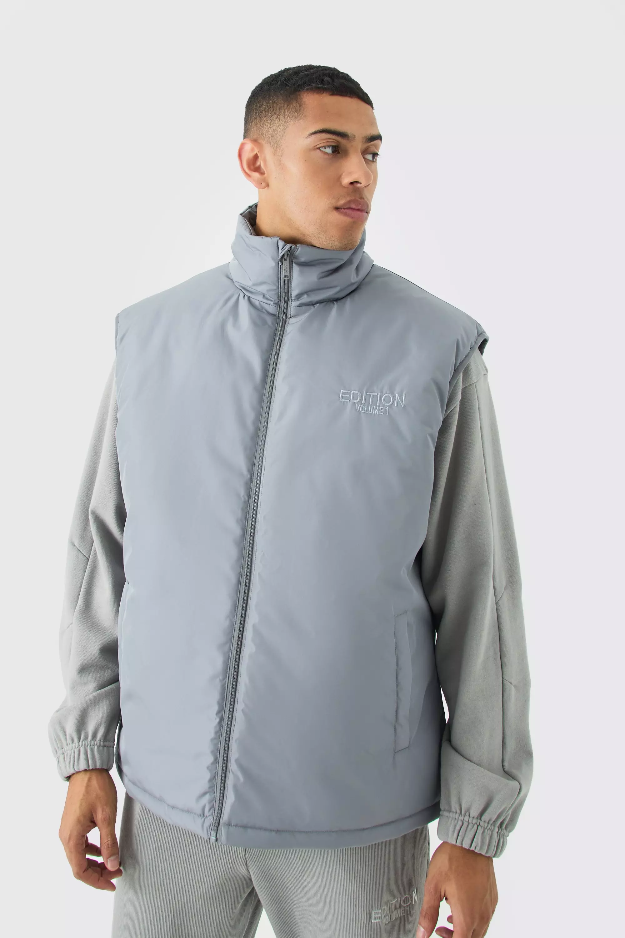 EDITION Oversized Funnel Neck Padded Vest Grey