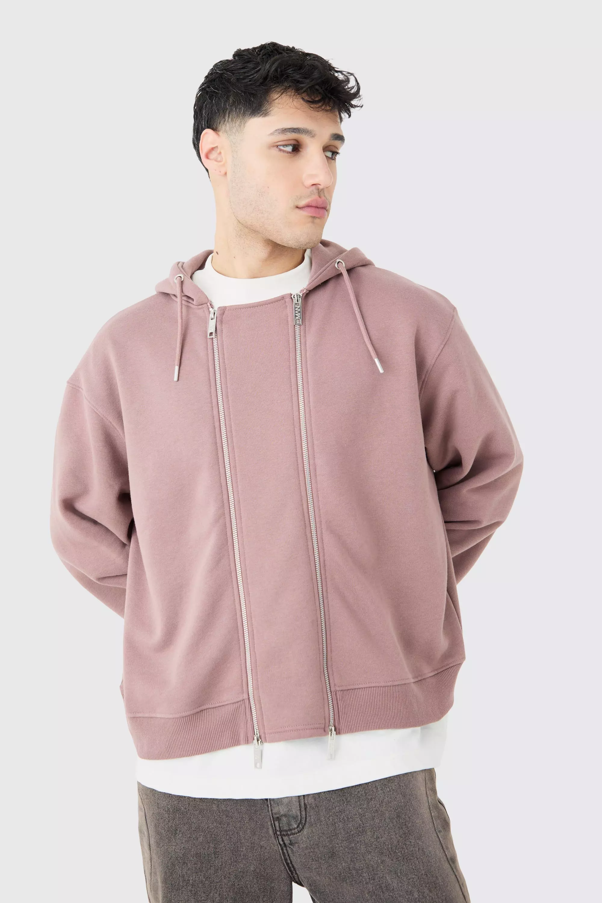 Oversized Boxy Double Zip Through Hoodie Mauve