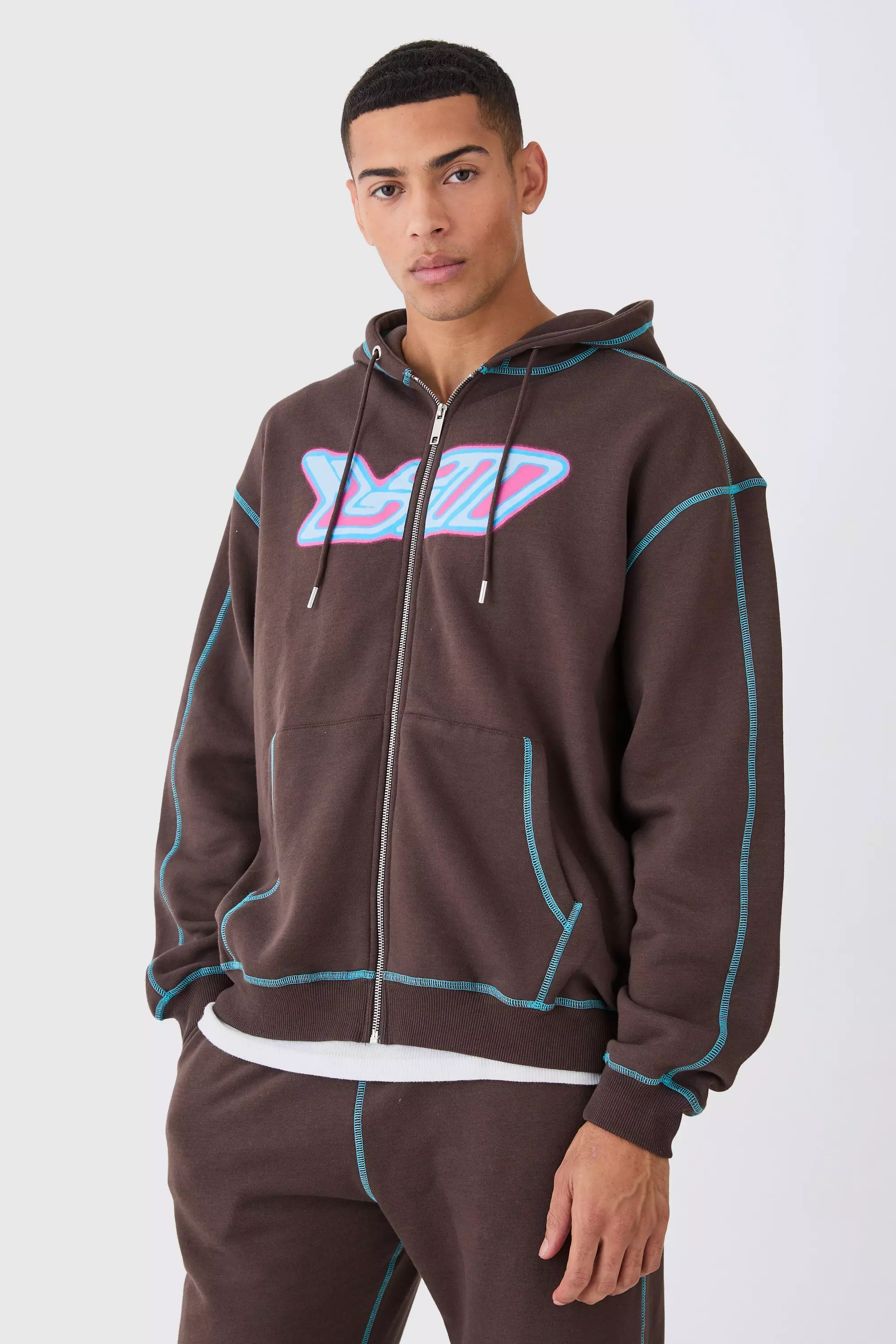 Chocolate Brown Oversized Contrast Stitch Heat Graphic Hoodie