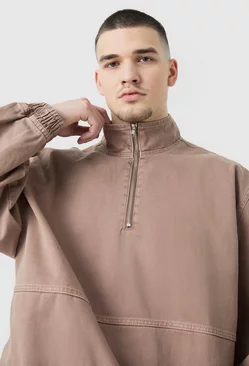 Brown Tall Overdyed Oversized Funnel Neck 1/4 Zip Jacket